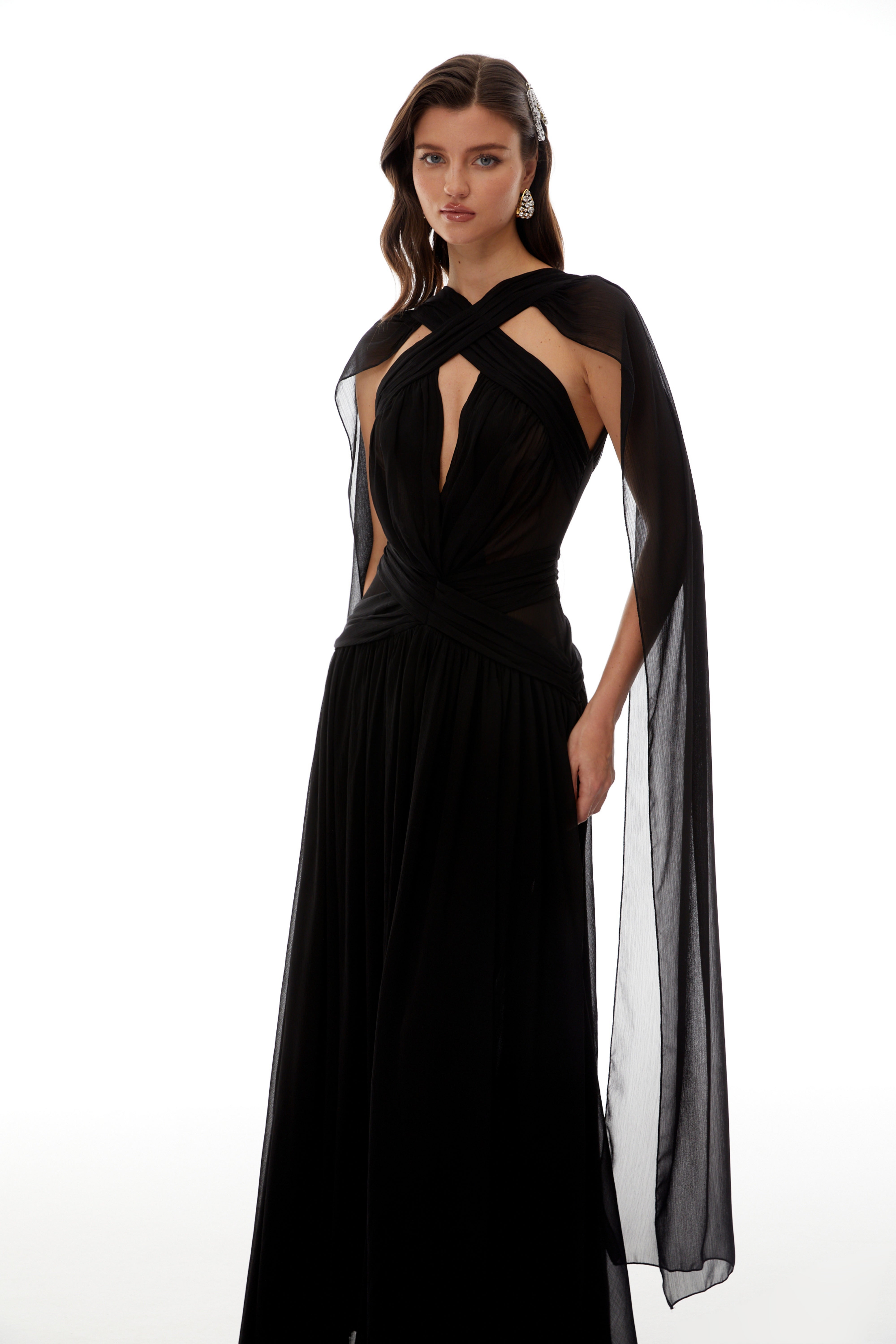 Jorge Black Open Back Ribbon Maxi Dress