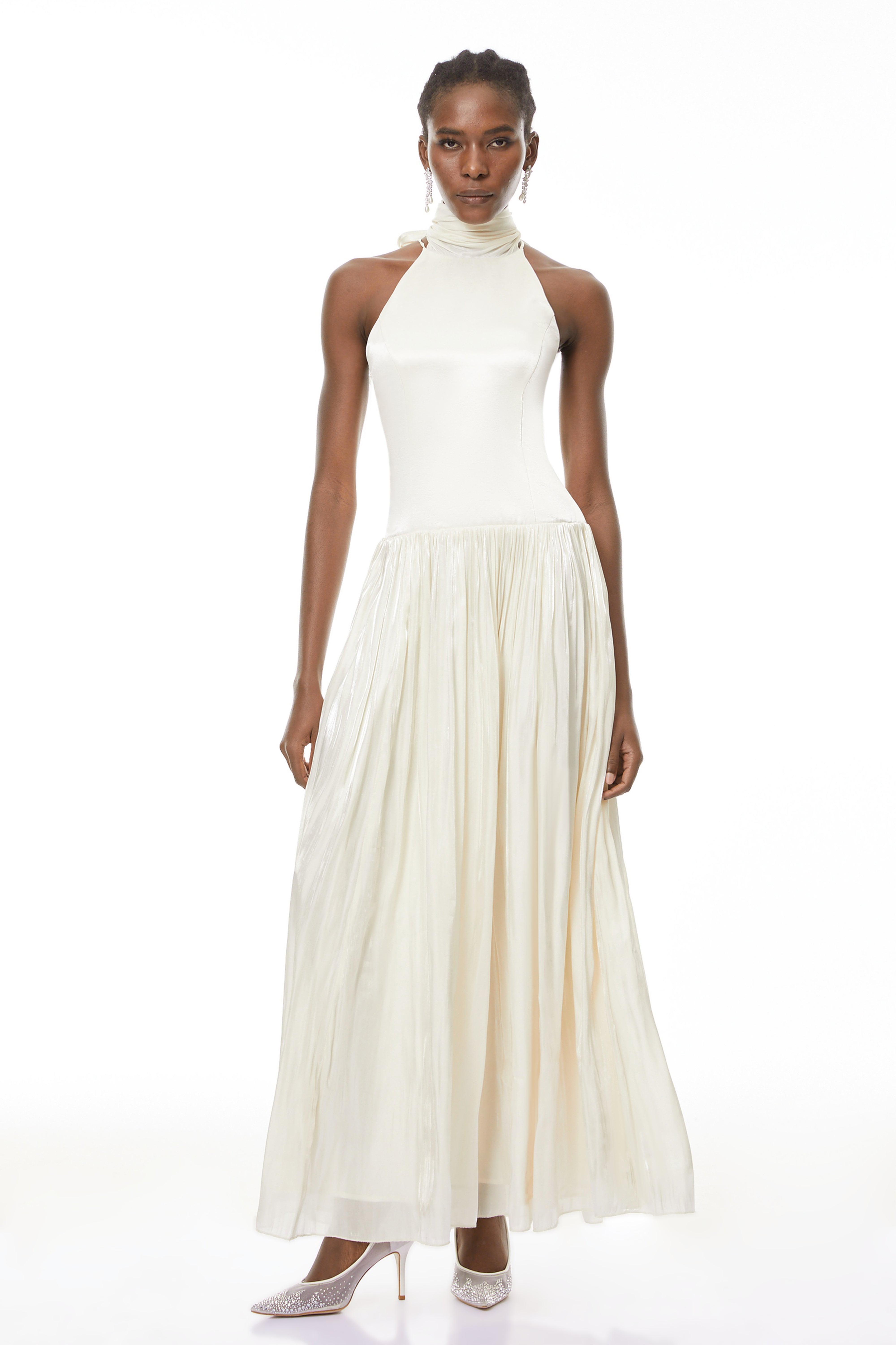 فستان طويل مطوي برقبة حلقية من جوفيتا وايت