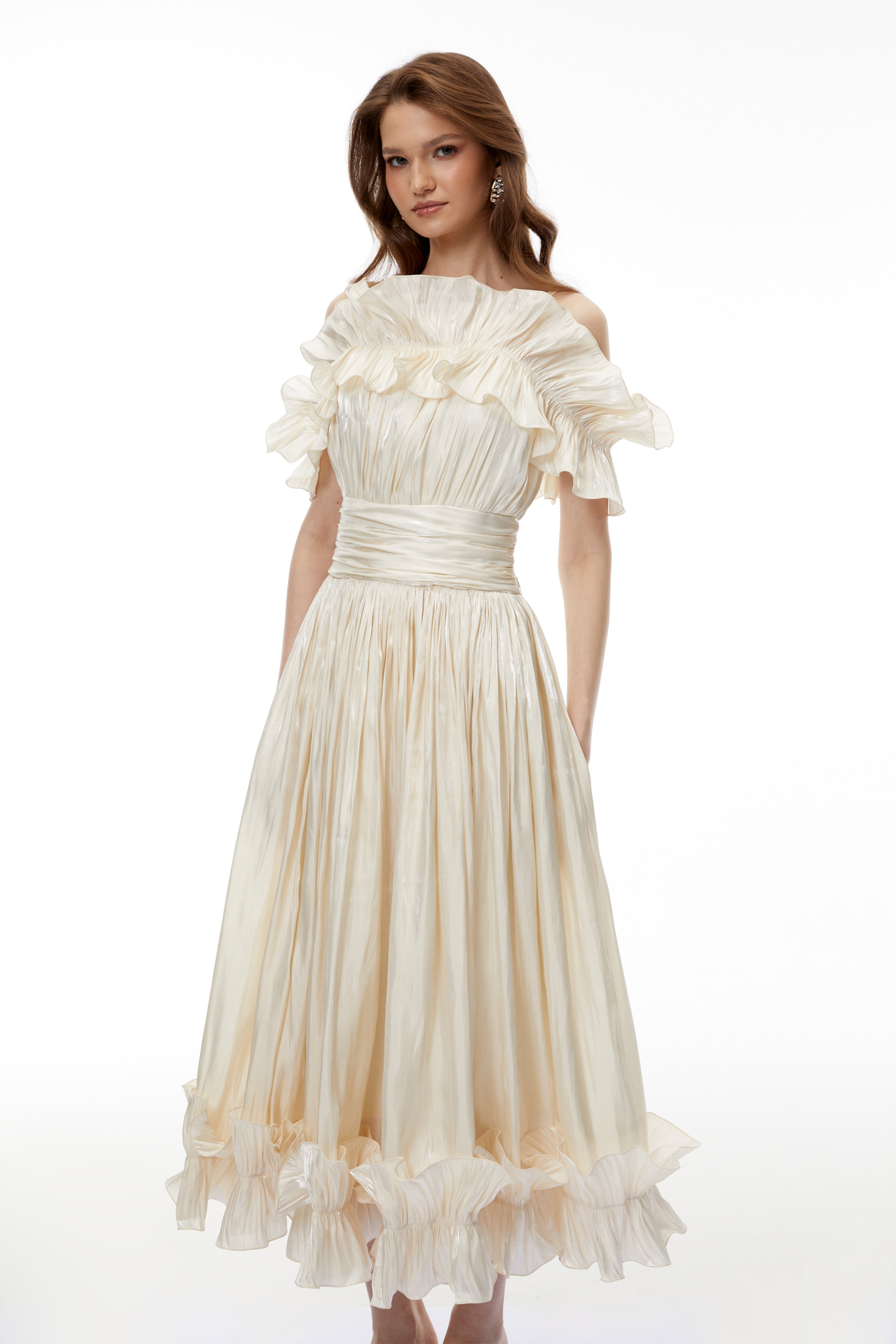 Kalliope Champagnerfarbenes Glitzer-Maxikleid