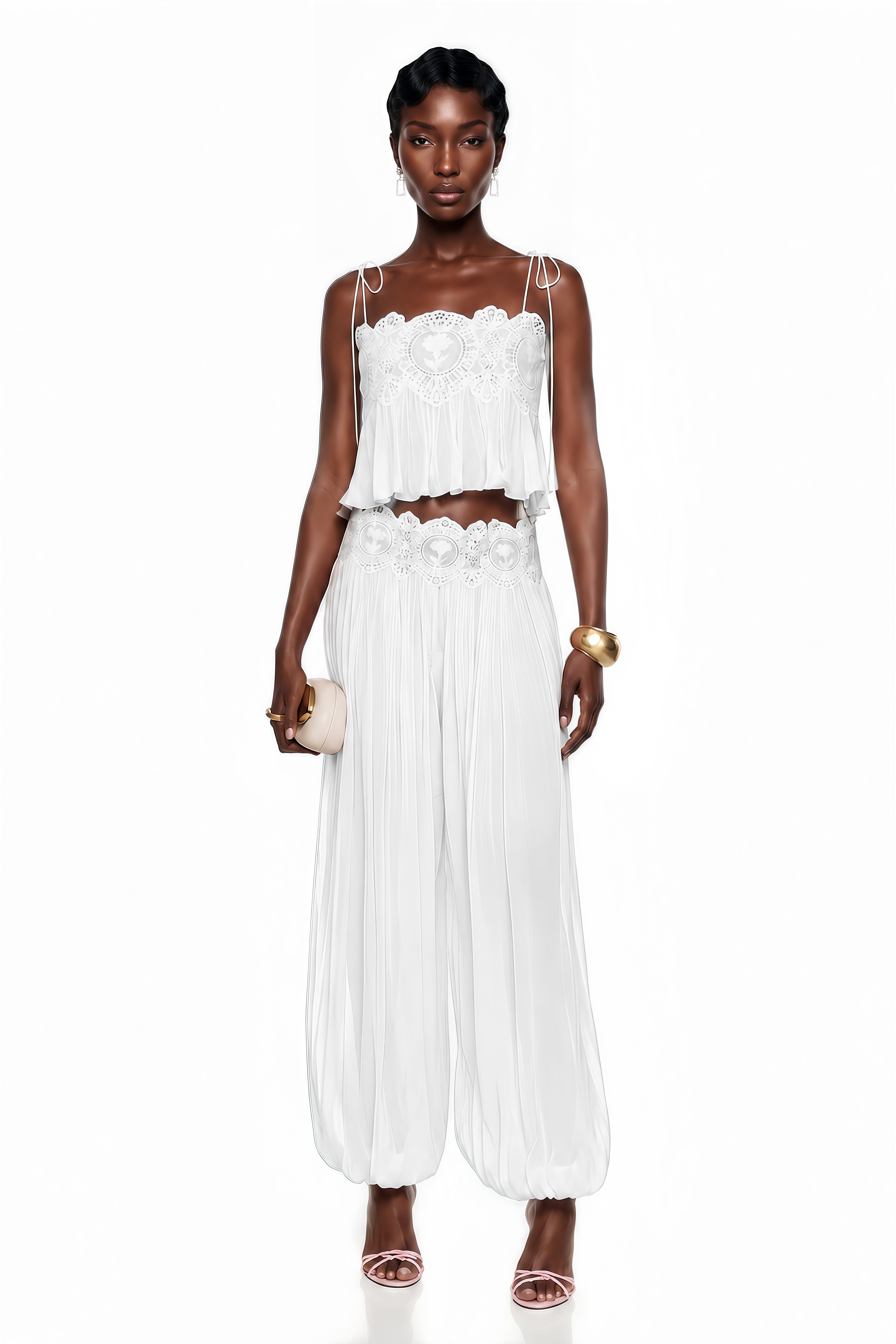 Kamila White Lace Trim Ruched Top & Trouser Set