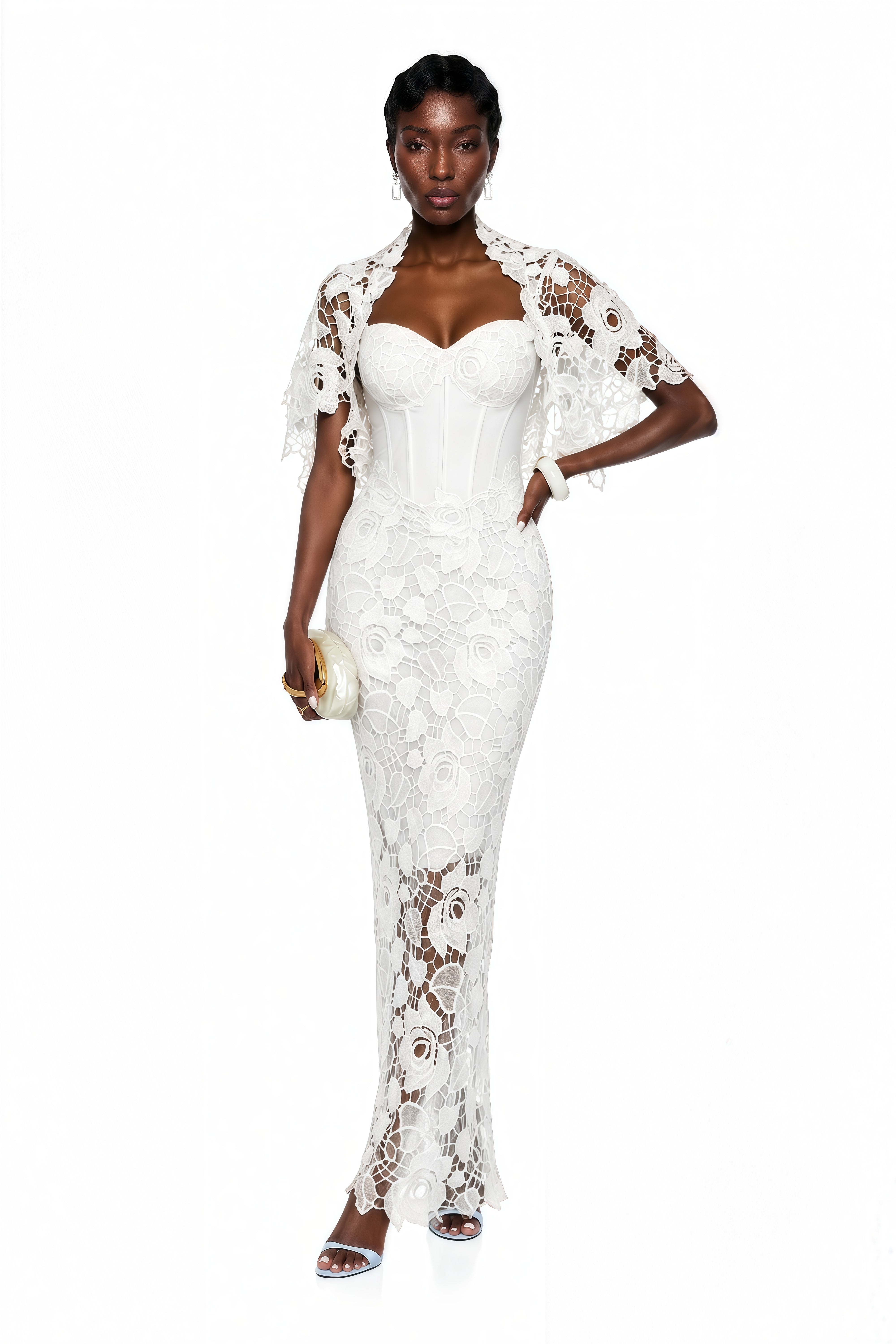 Robe longue unie Kamila White avec découpes