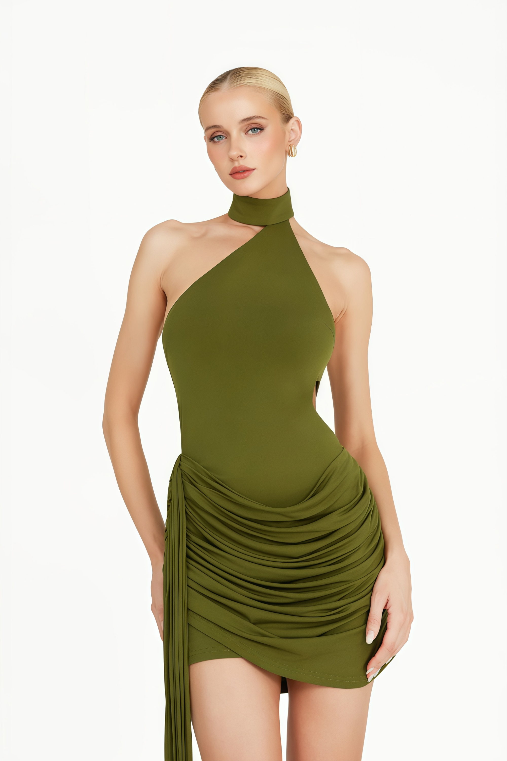 Linnea Green Halteneck Asymmetrical Ruched Mini Dress