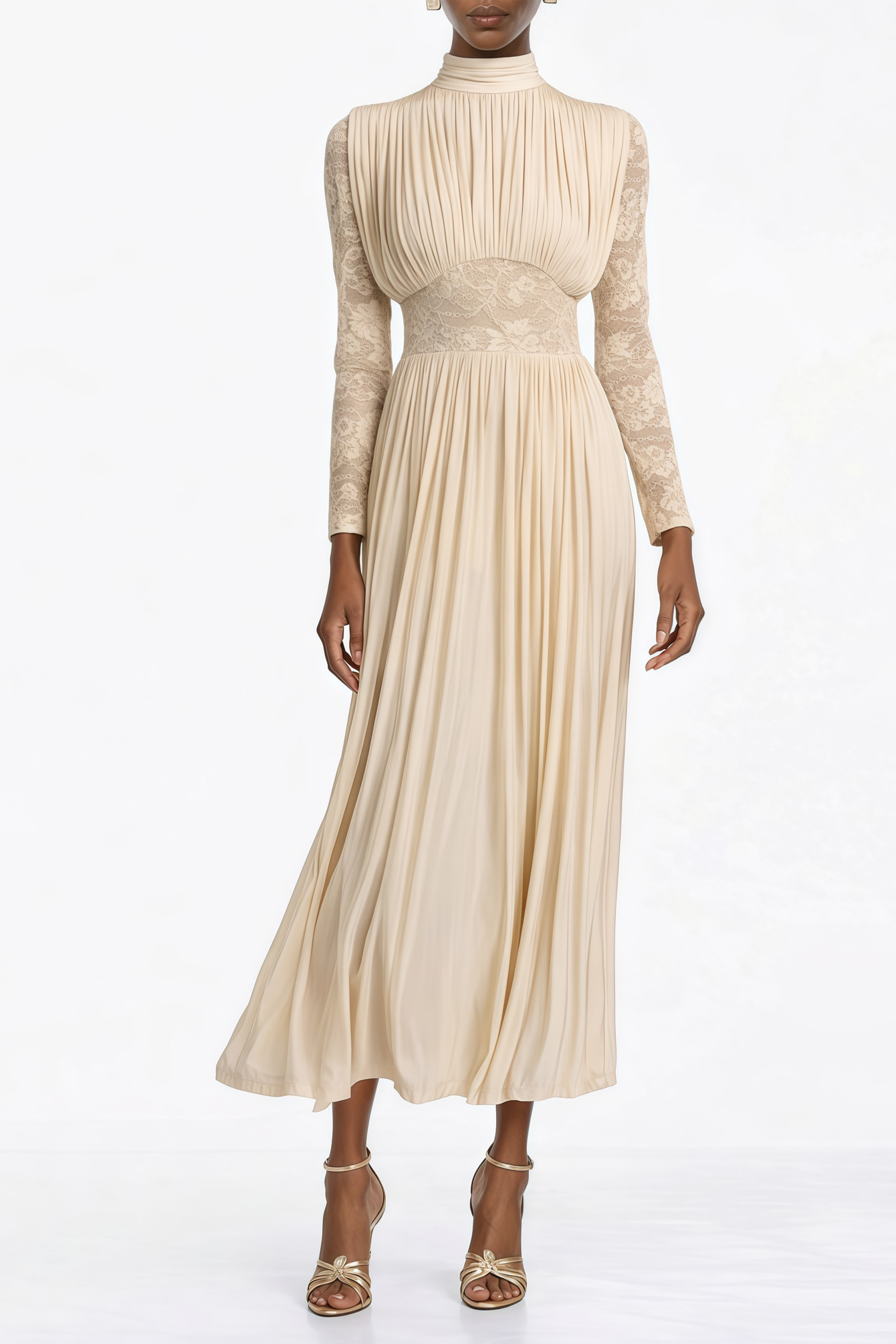 Karine Neutrales Maxikleid mit Spitzenbesatz und Rüschen