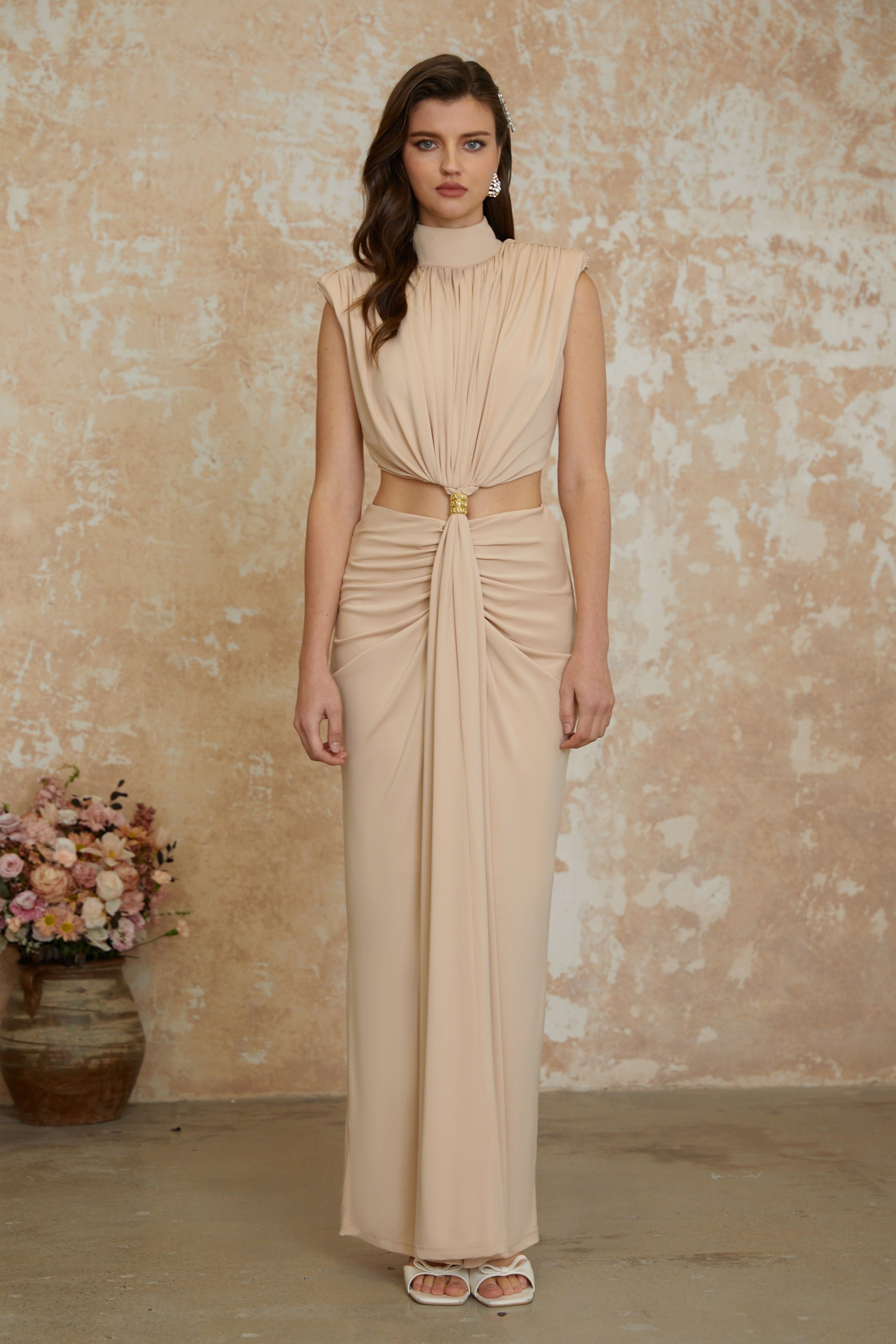 Karolina Neutral High Neck Twist Front Maxi Dress