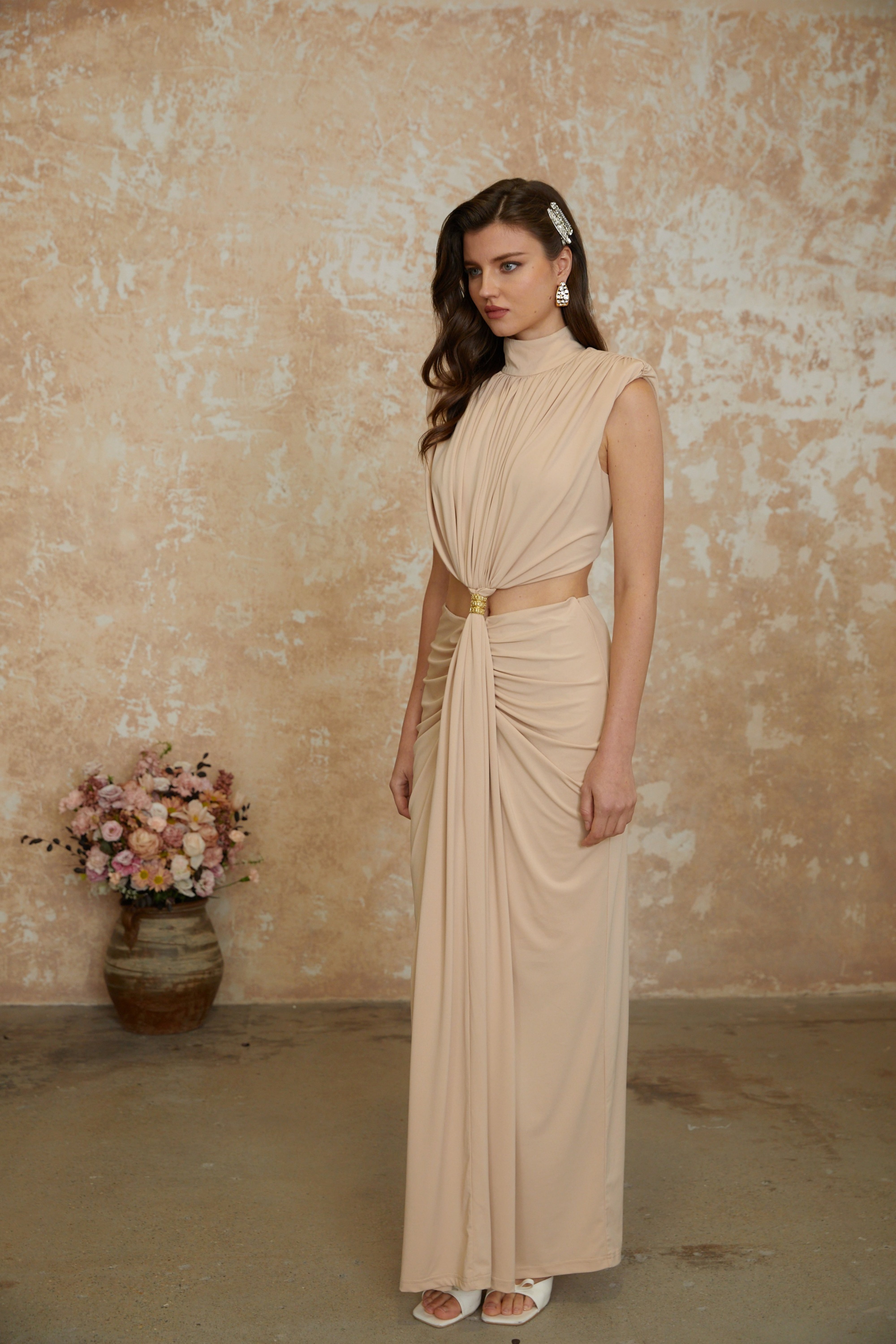 Karolina Neutral High Neck Twist Front Maxi Dress