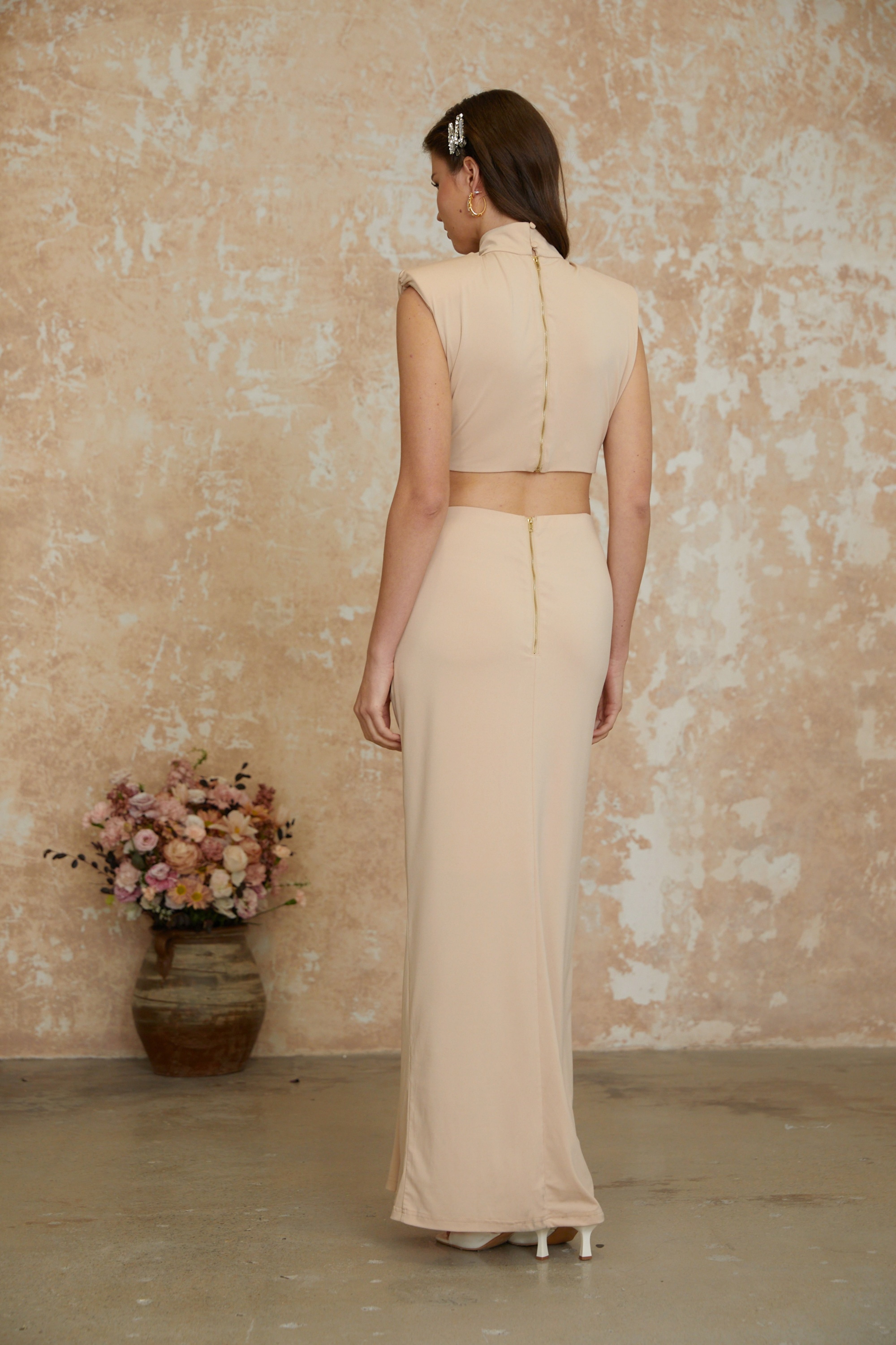 Karolina Neutral High Neck Twist Front Maxi Dress