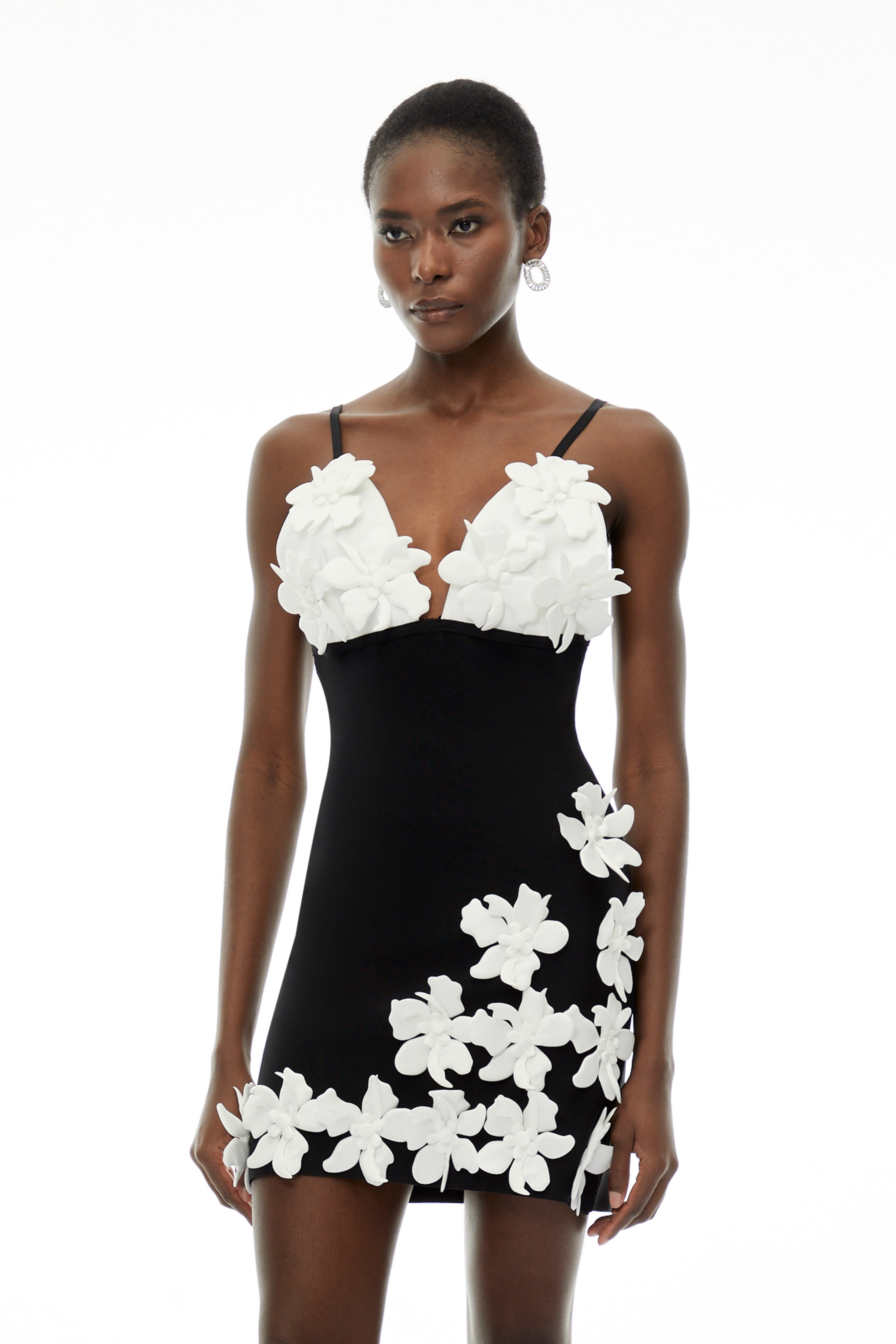 Kate Black Mini Dress with Spaghetti Straps and 3D Petals
