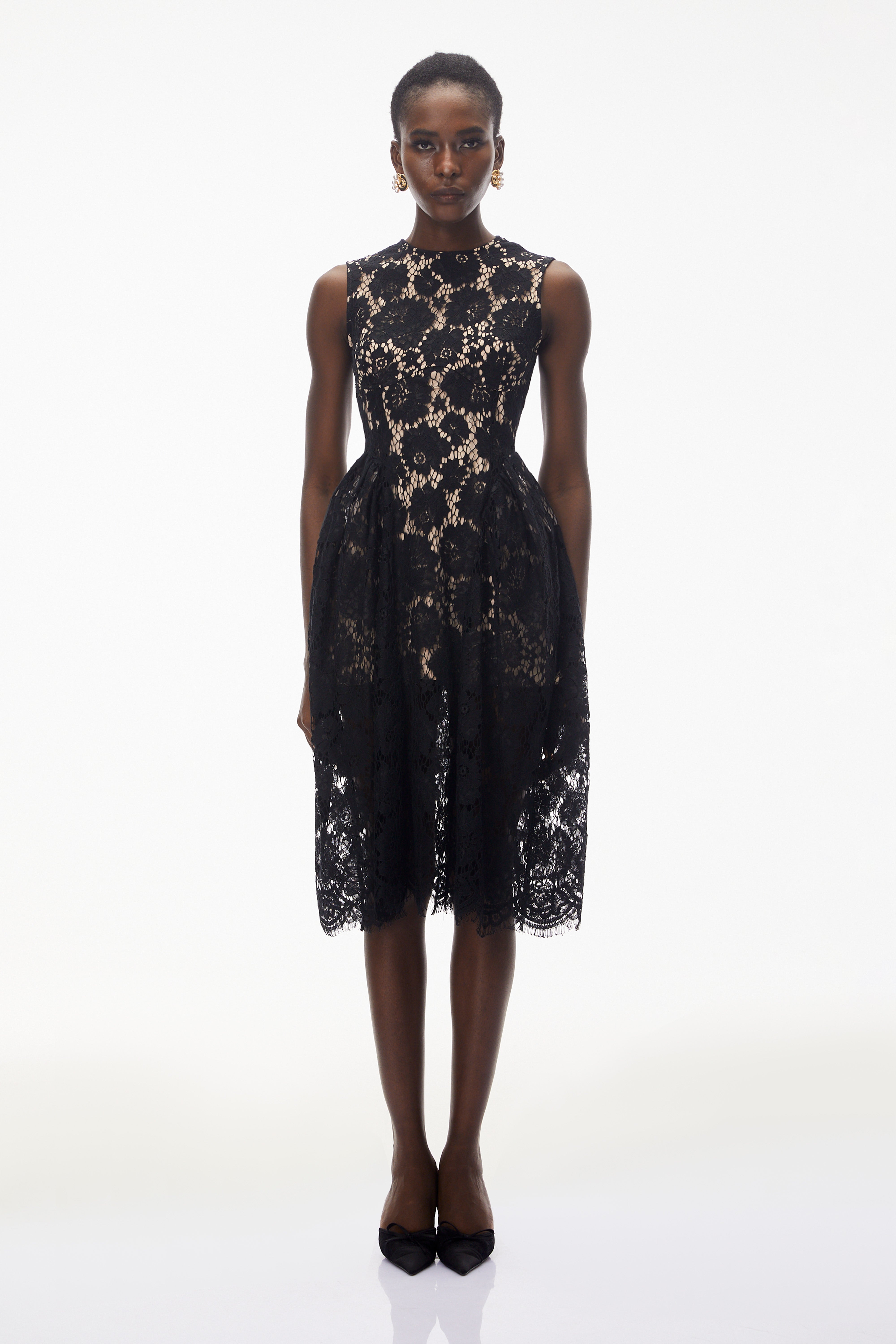 Katherine Black Sleeveless Floral Lace Midi Dress