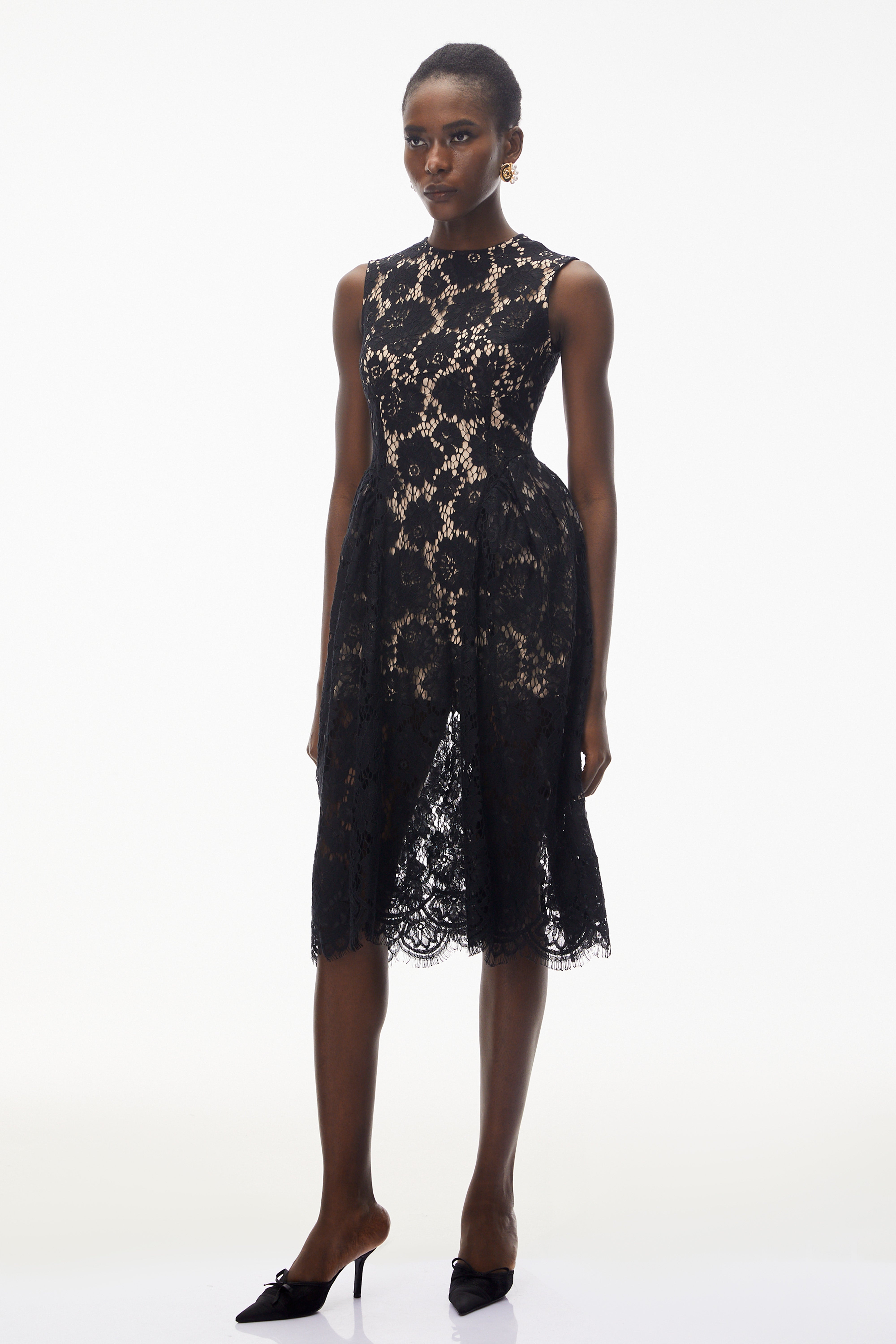 Katherine Black Sleeveless Floral Lace Midi Dress