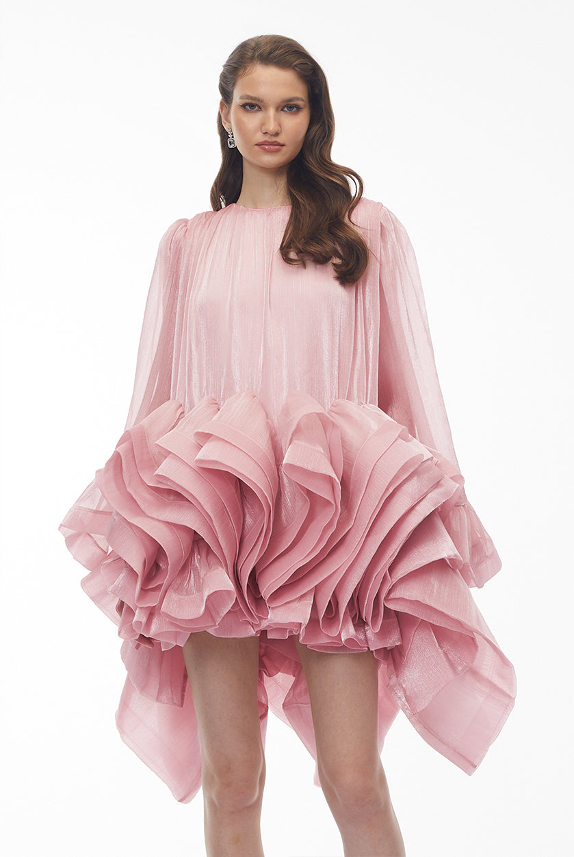 Pink organza high-low mini dress featuring a pleated bodice and a dramatic multi-layered ruffled skirt