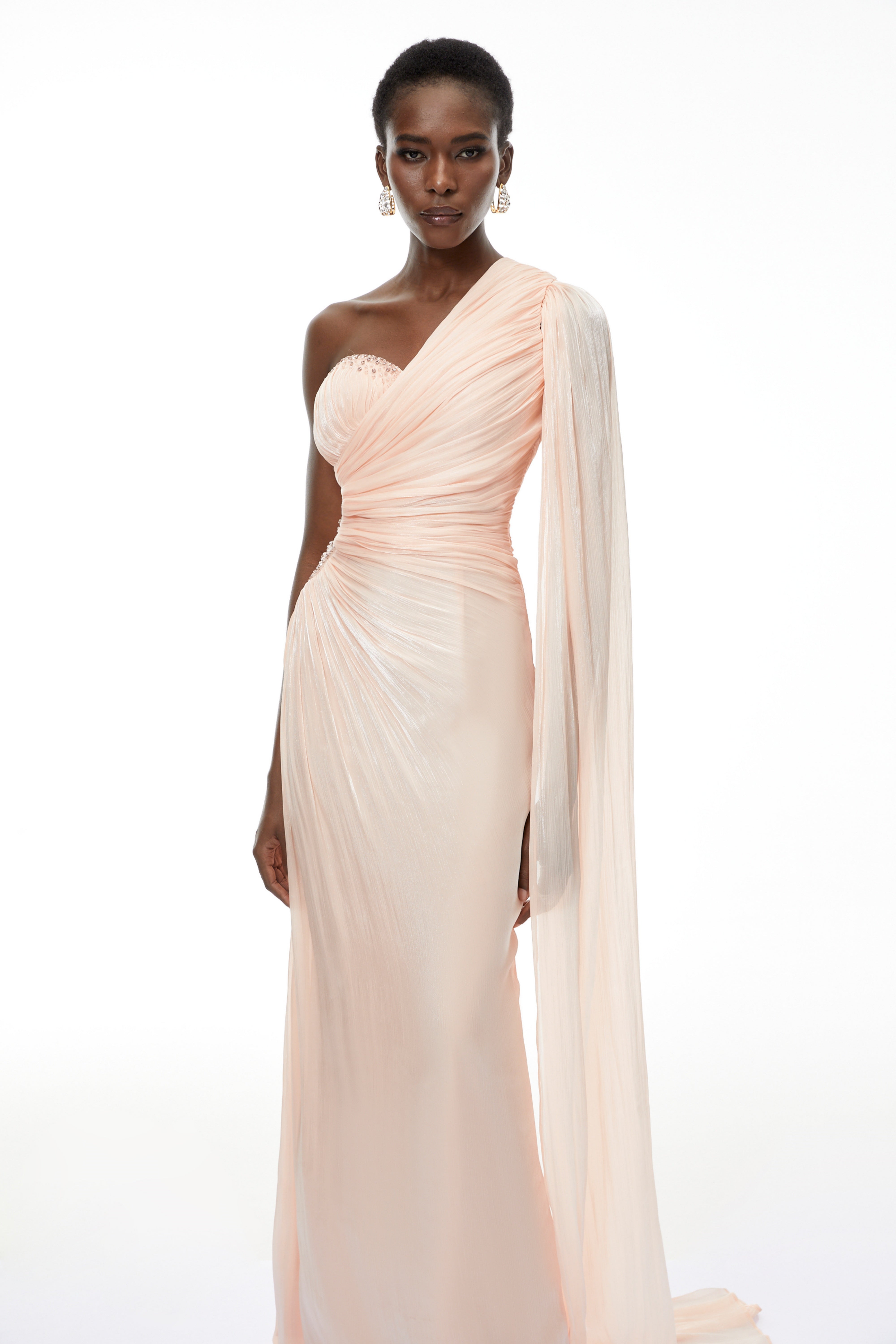 Pink One Shoulder Ruched Maxi Dress