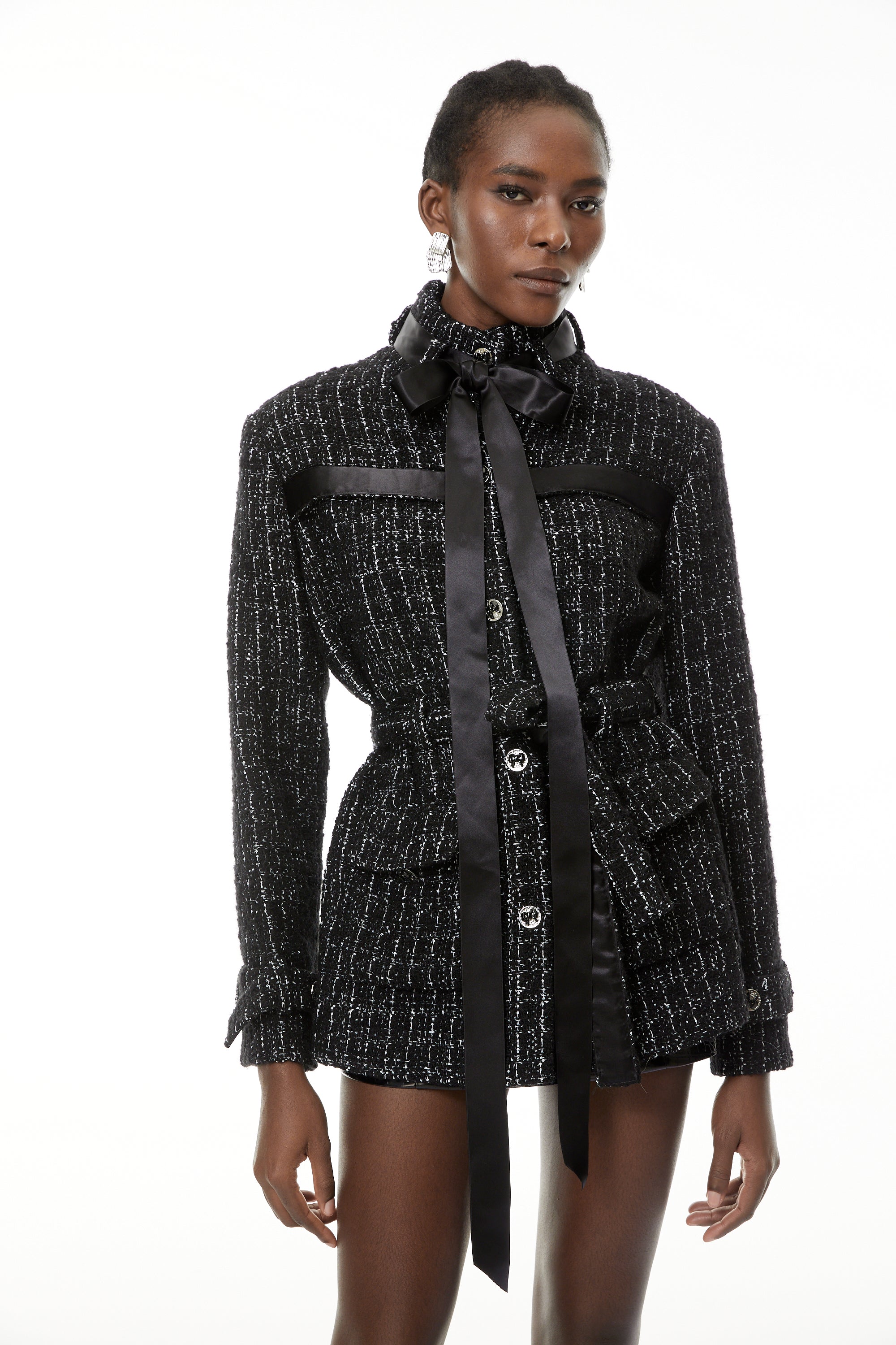 Kaylee Black Self-Tie Detail Tweed Blazer