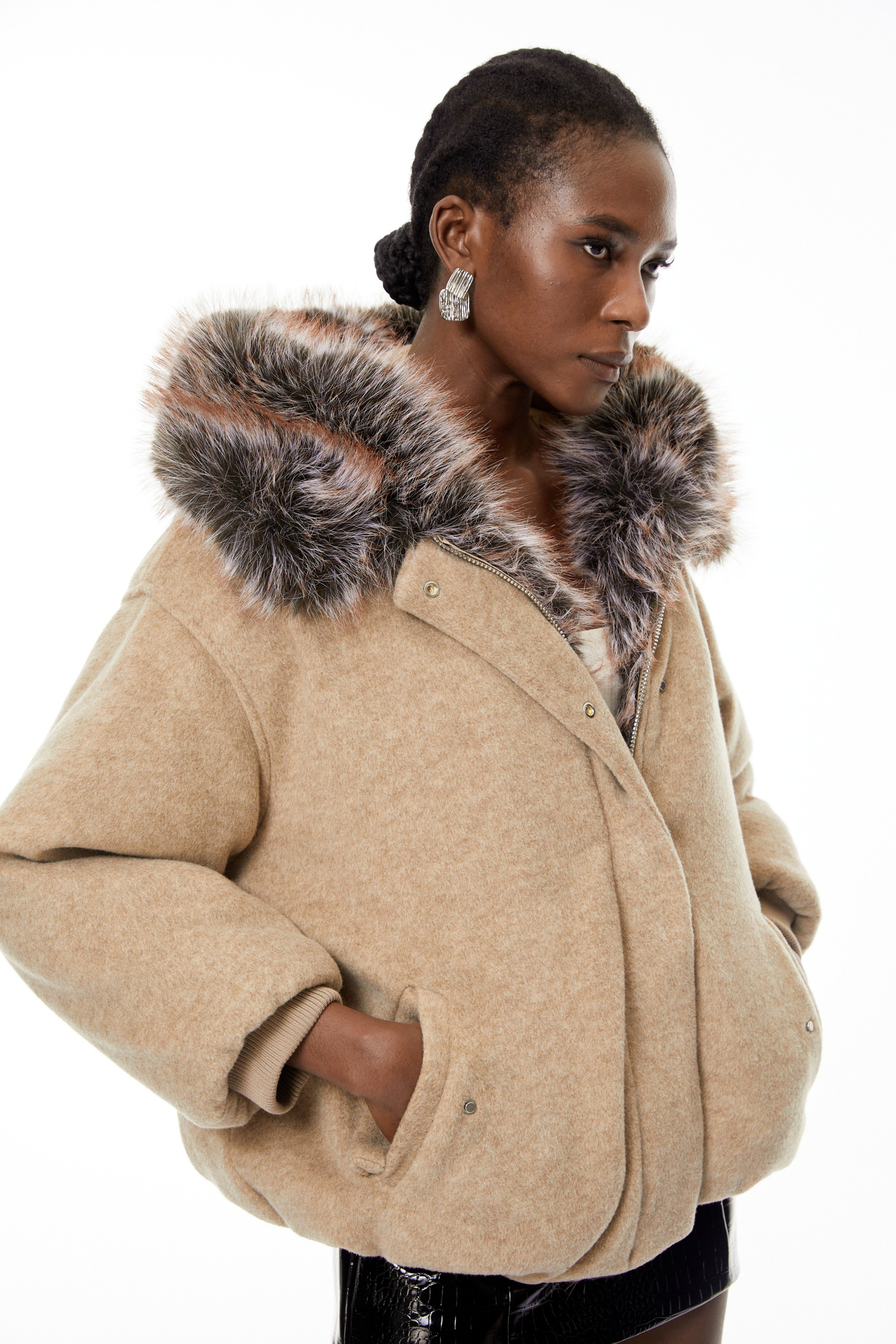 Kehlani Neutral Faux-Fur Trim Coat