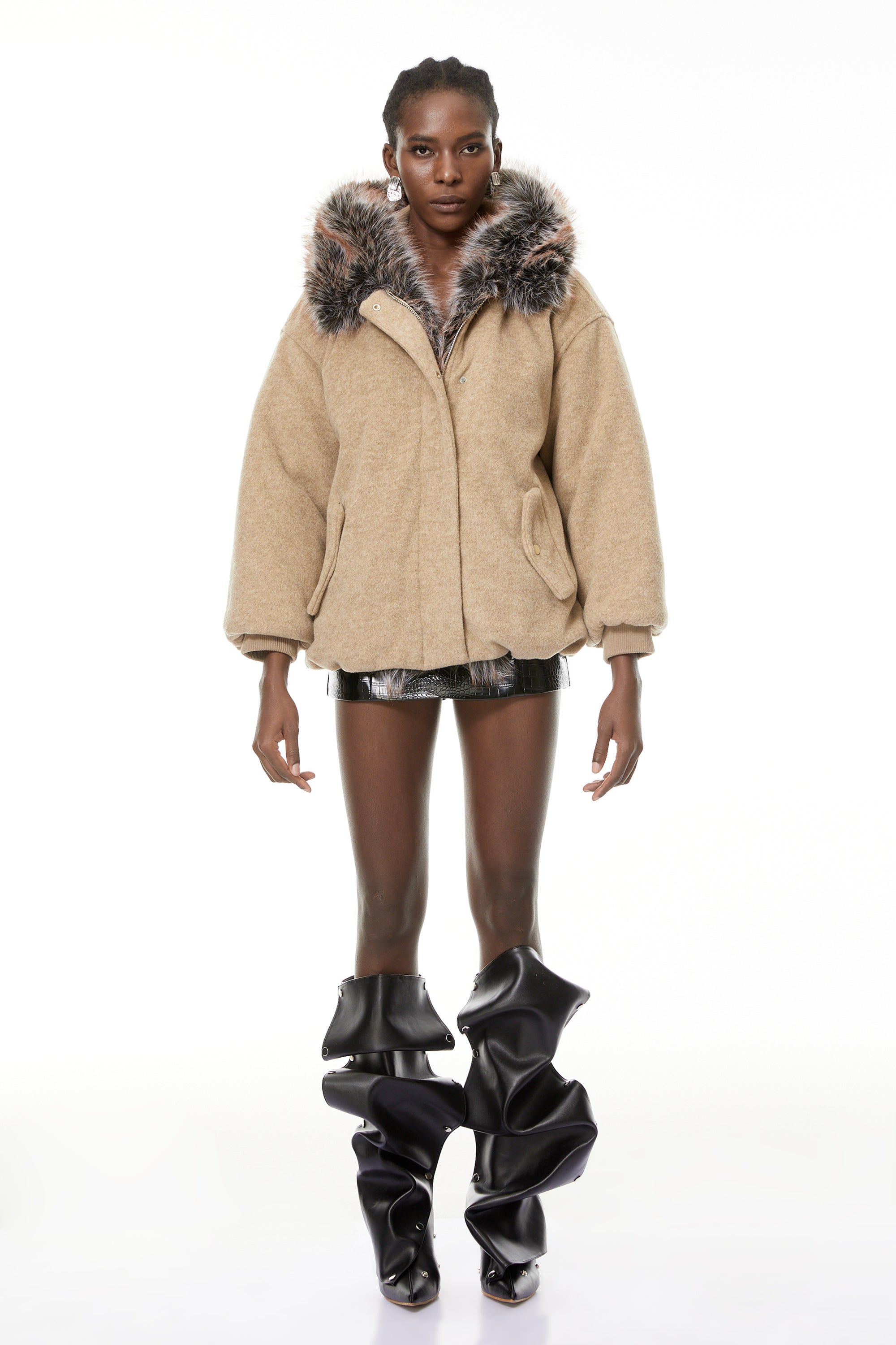 Kehlani Neutral Faux-Fur Trim Coat