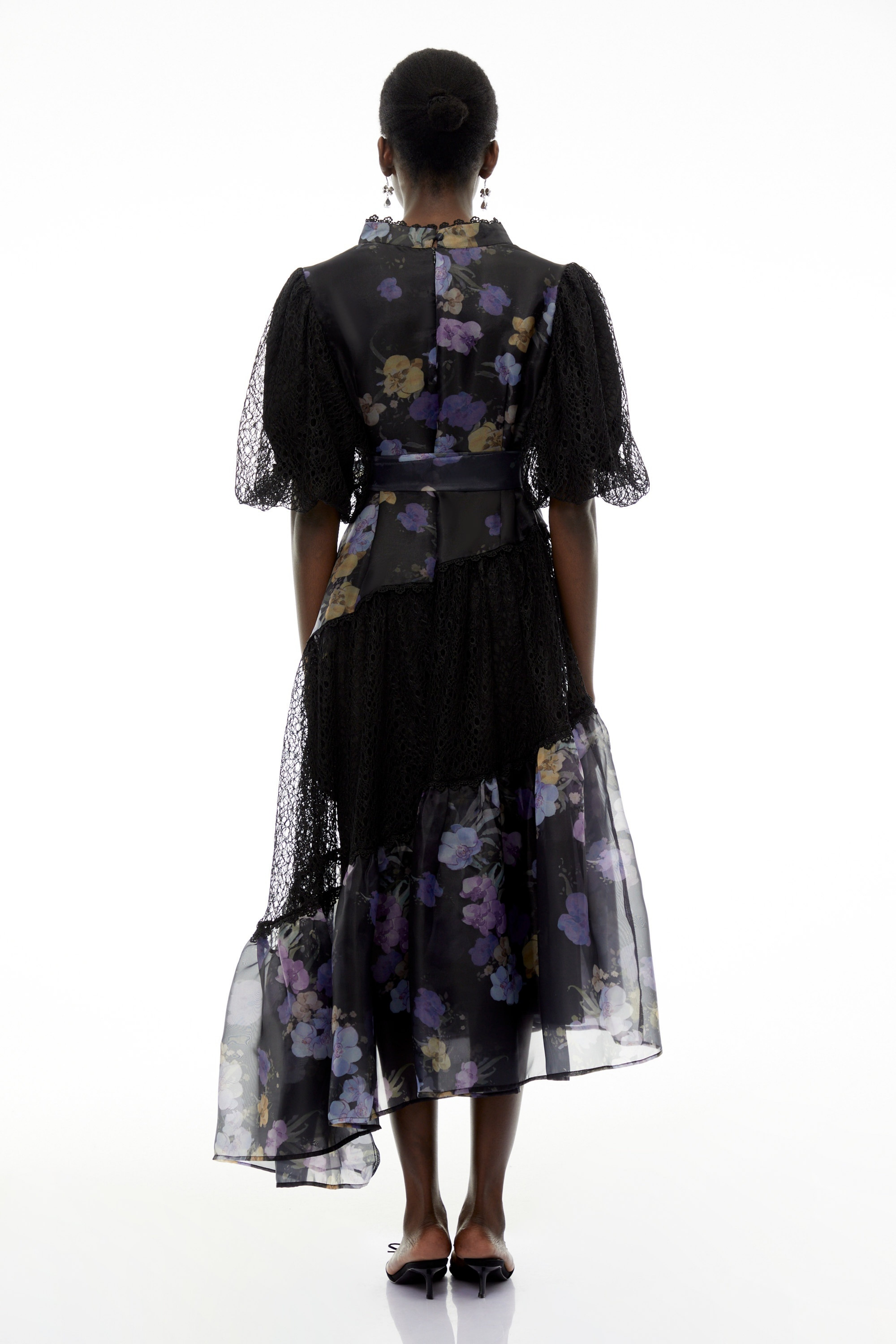 Kelsey Black Puff Sleeve Midi Dress with Floral Applique