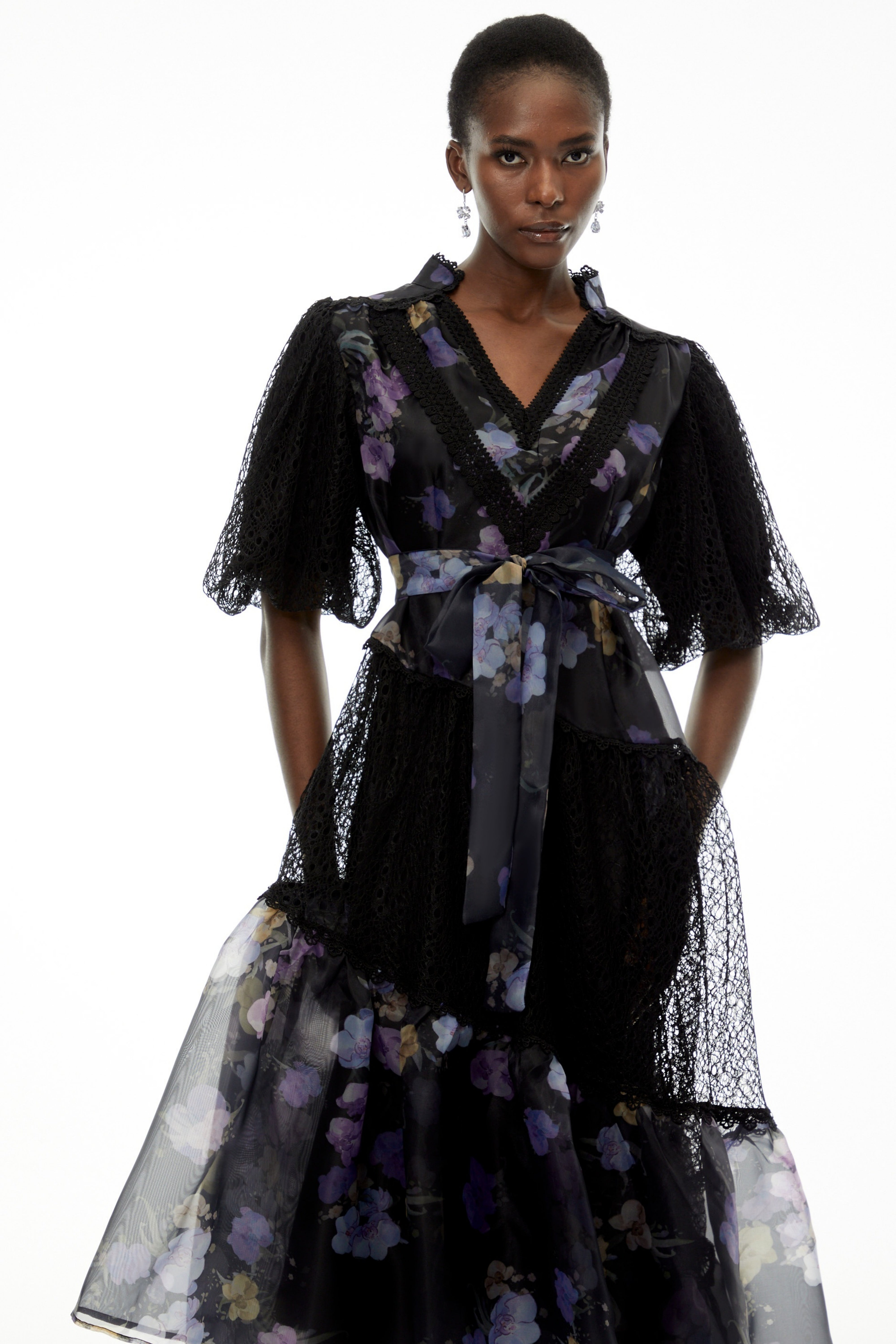 Kelsey Black Puff Sleeve Midi Dress with Floral Applique