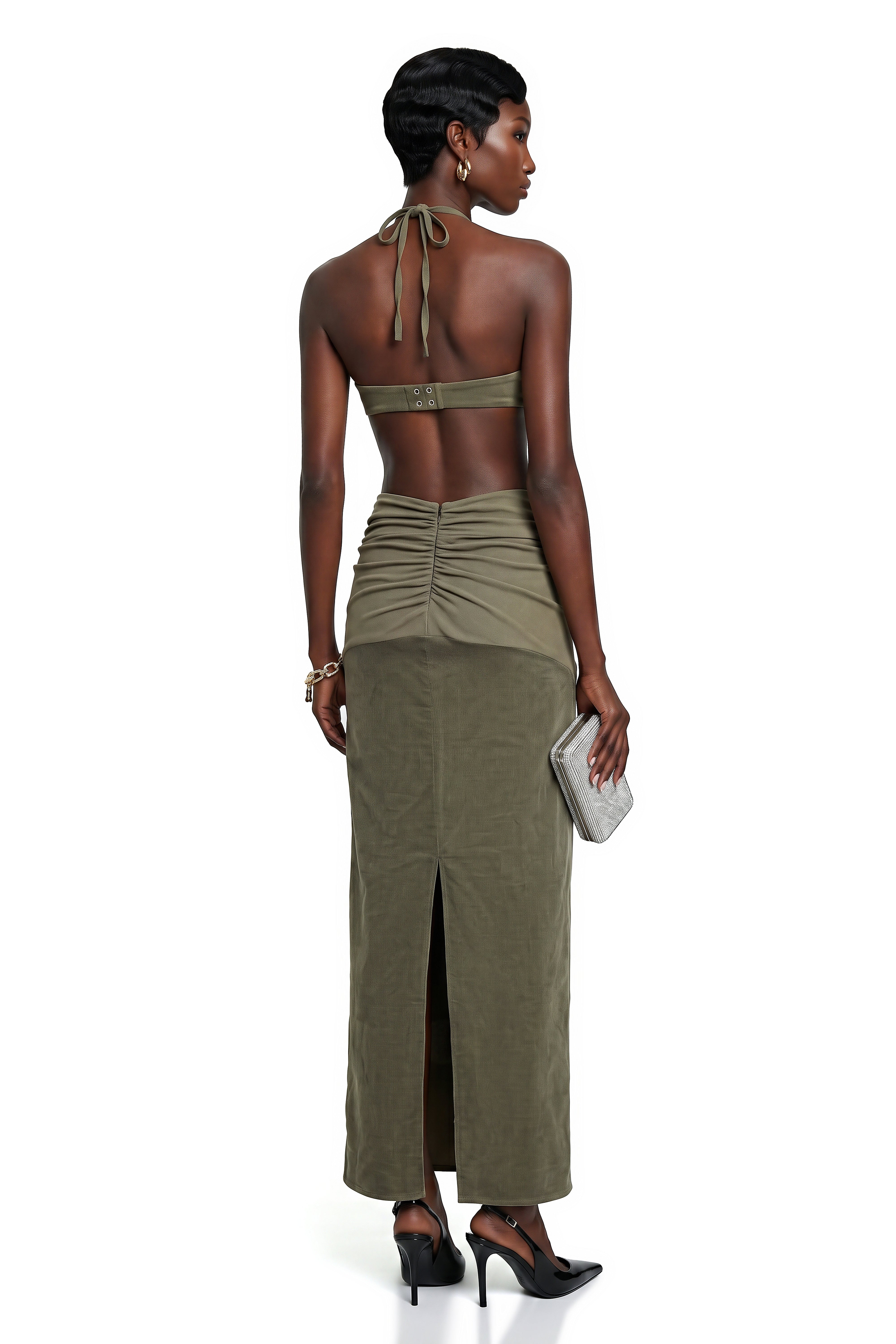 Kerenza Olive Green Corduroy Twist Front Top & Skirt Set