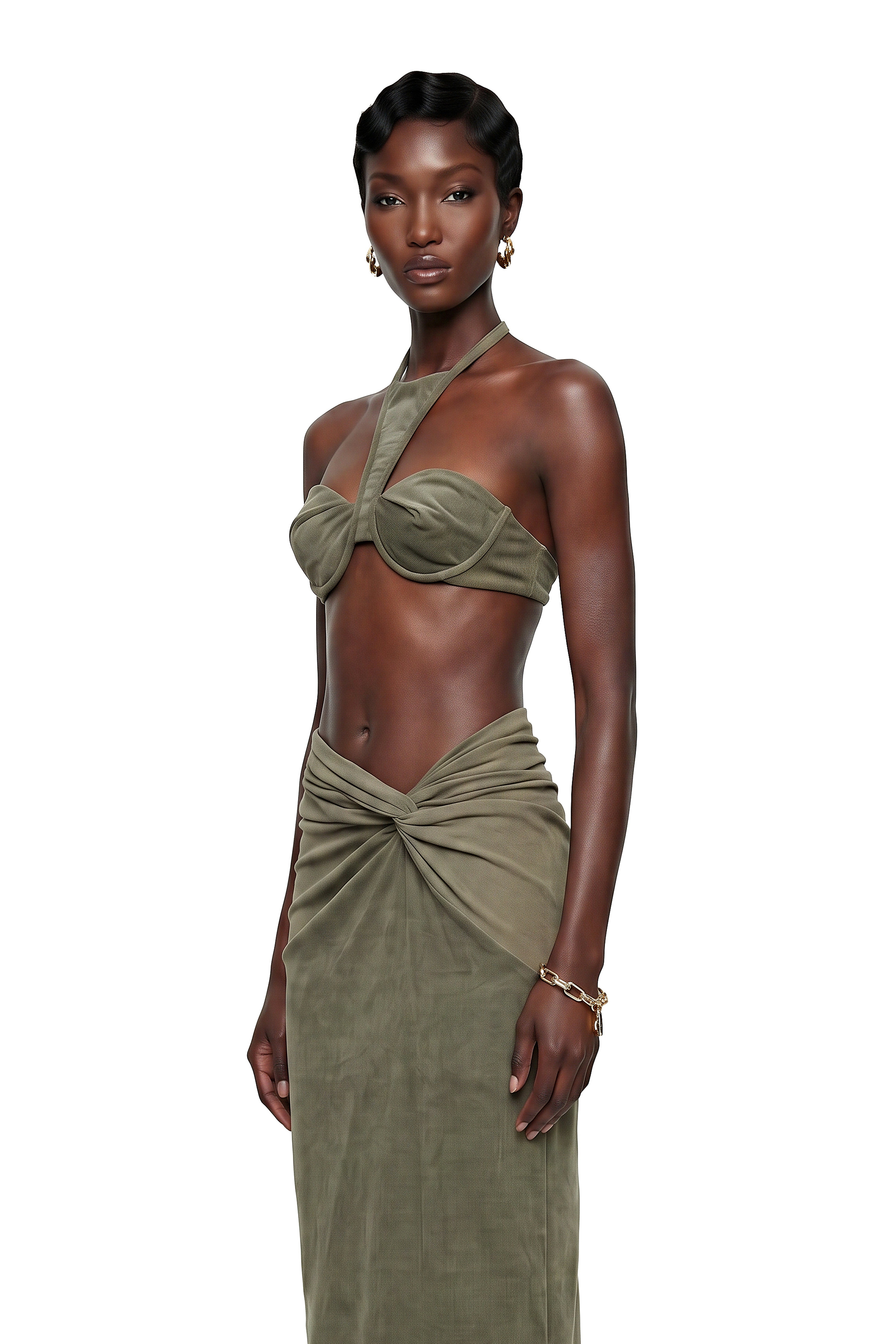 Kerenza Olive Green Corduroy Twist Front Top & Skirt Set