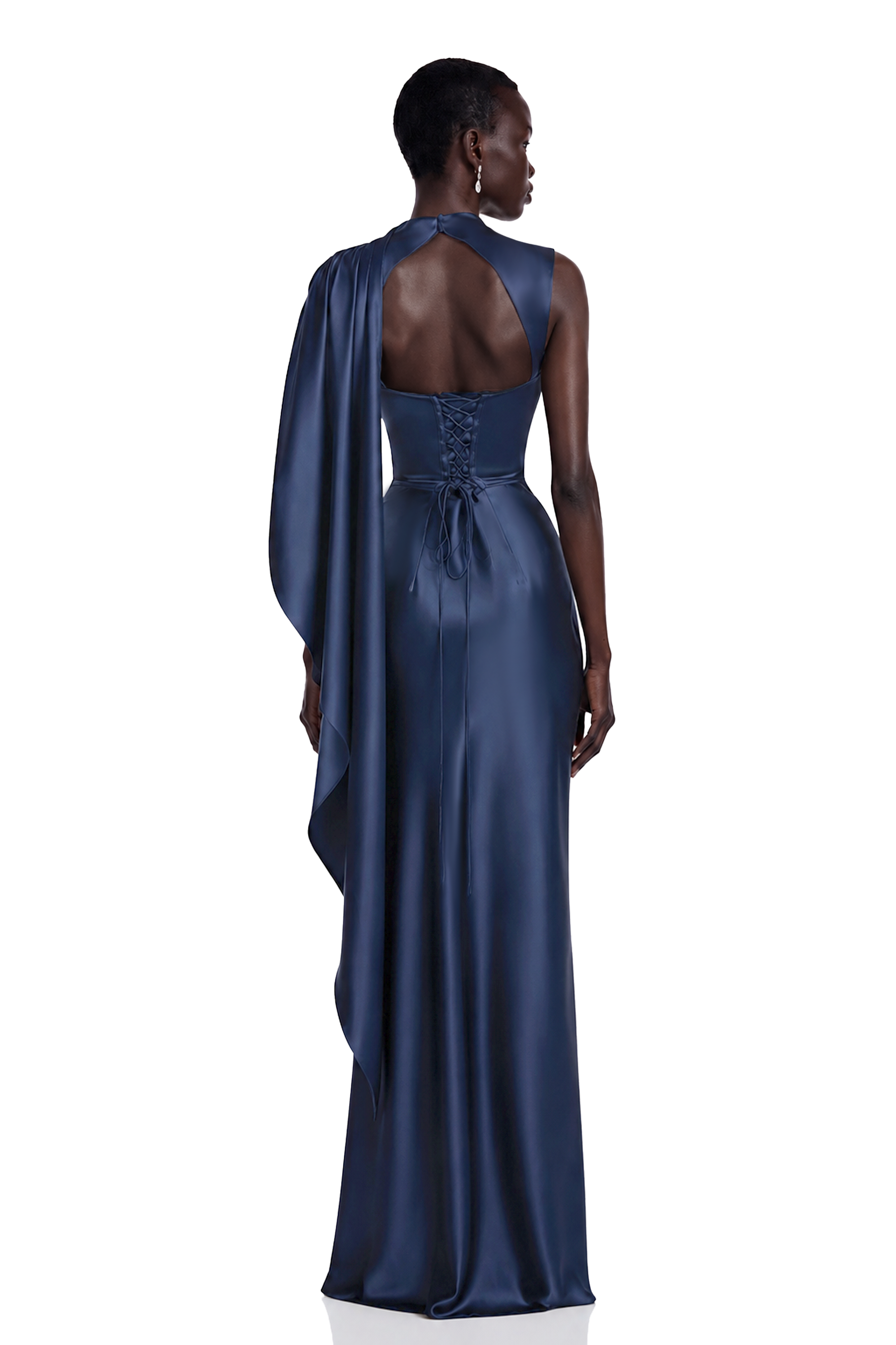 Kerttu Navy Blue Ruched Maxi Dress with Asymmetrical Sleeves