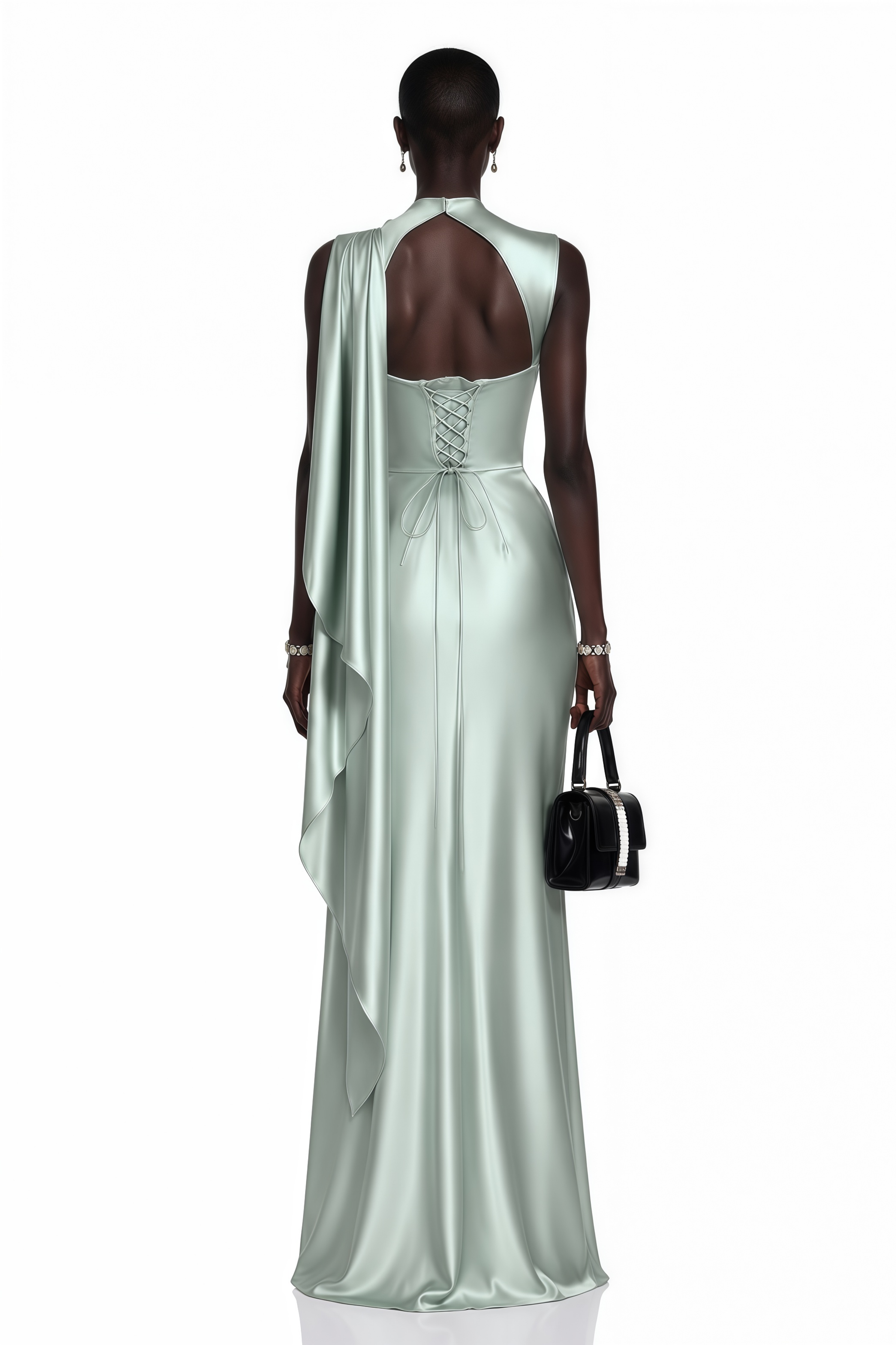Kerttu Sage Green Ruched Maxi Dress with Asymmetrical Sleeves