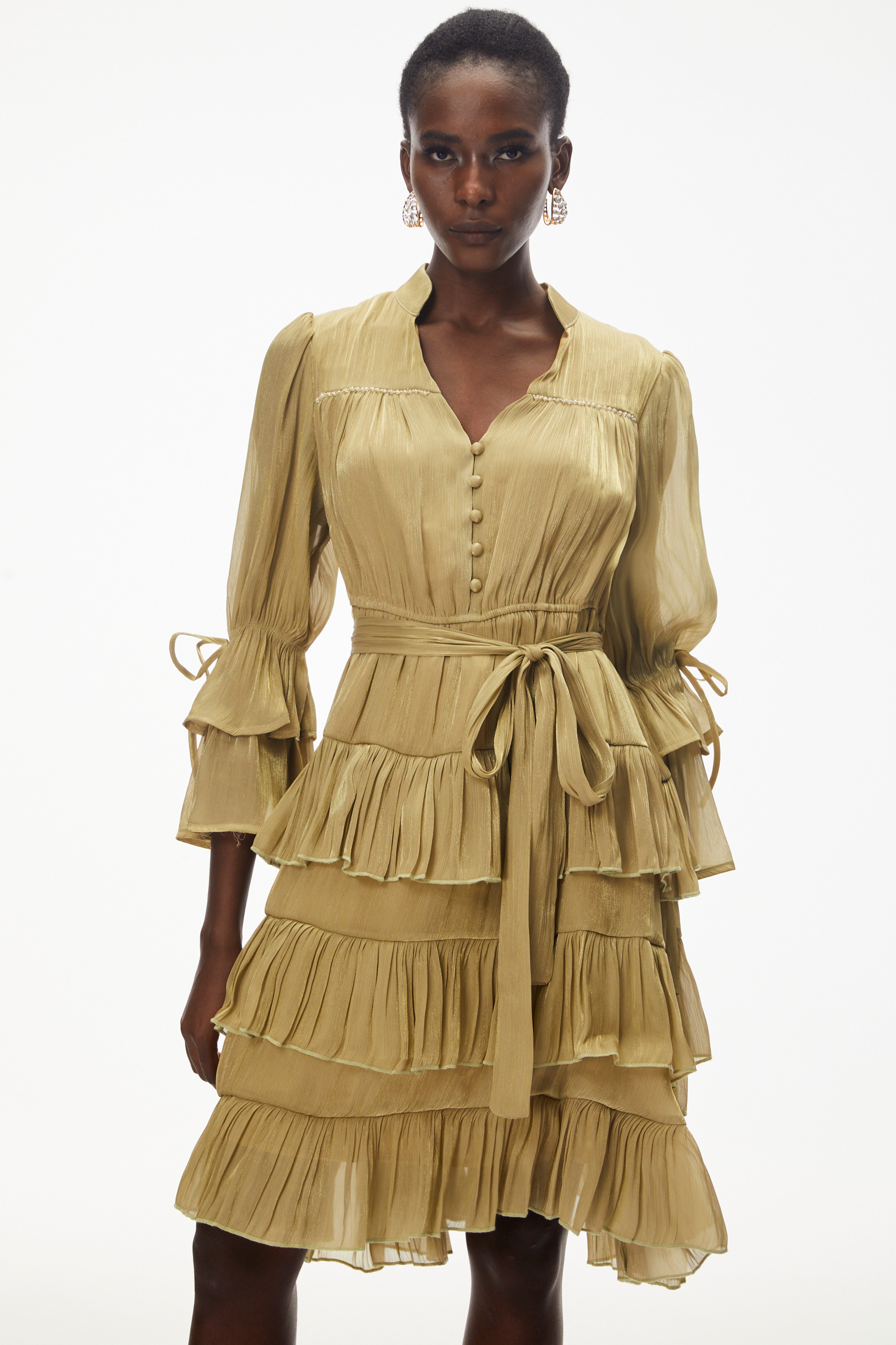 Kirke Green Ruffled Mini Dress with Bow