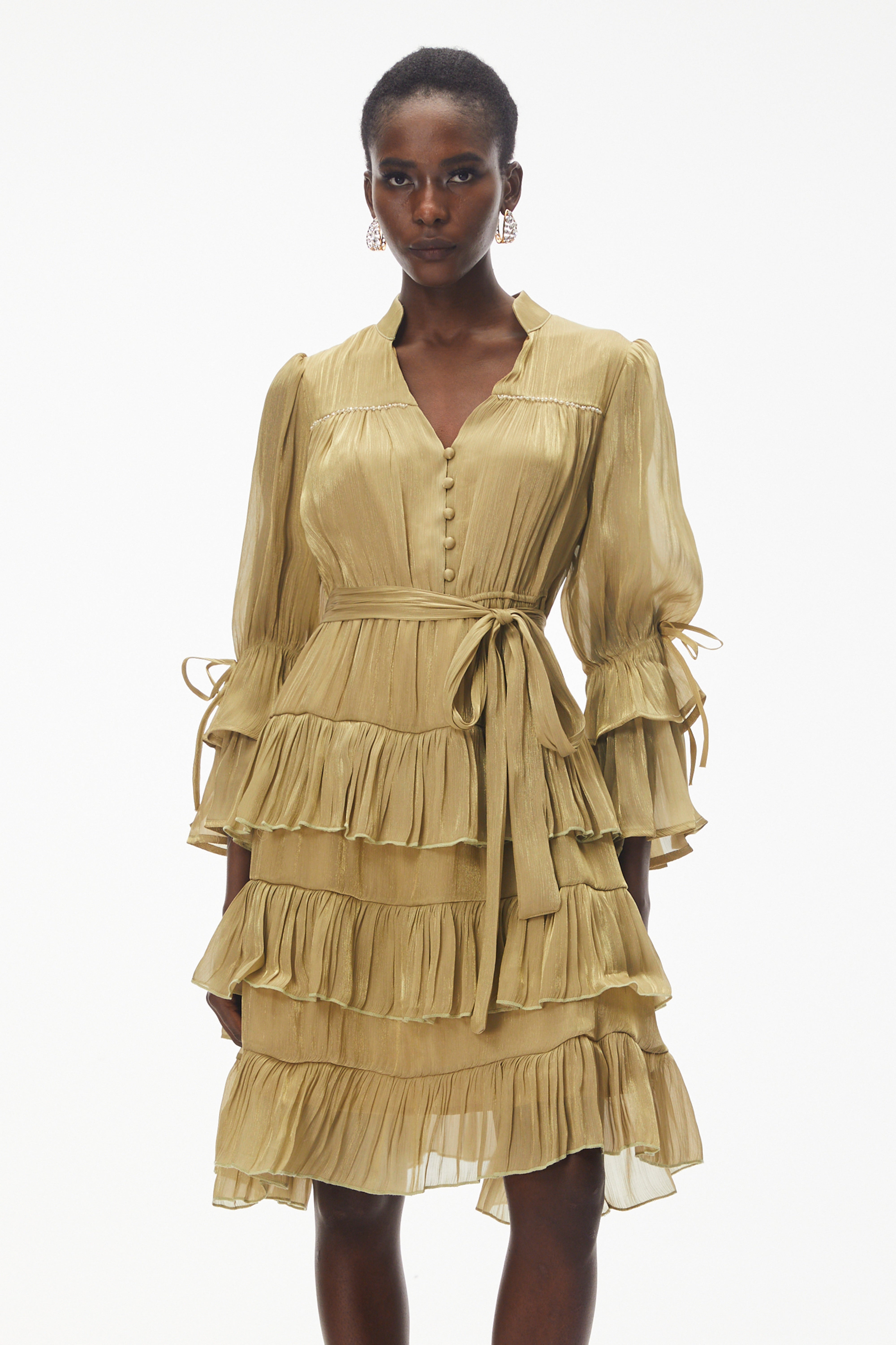 Kirke Green Ruffled Mini Dress with Bow