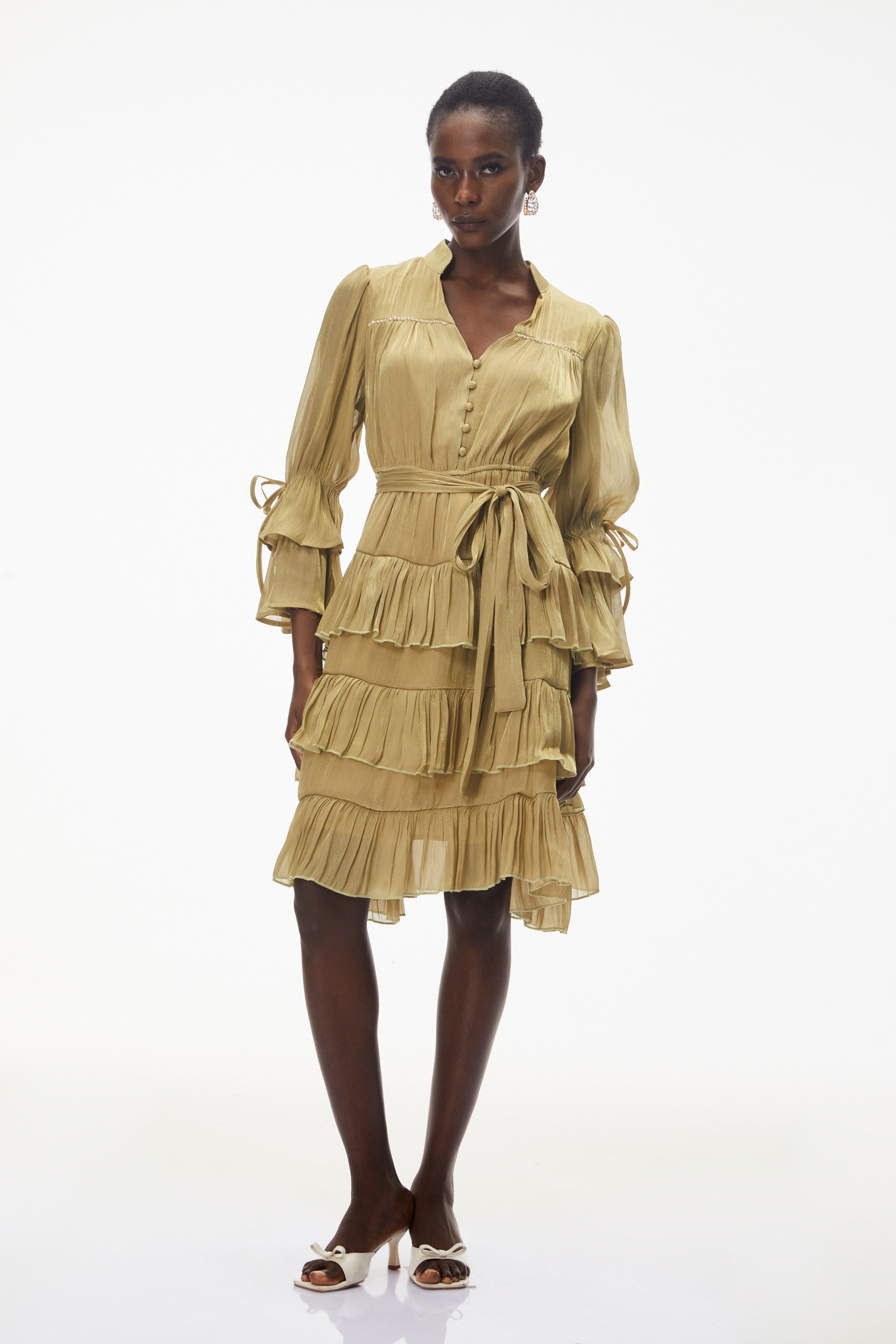 Kirke Green Ruffled Mini Dress with Bow