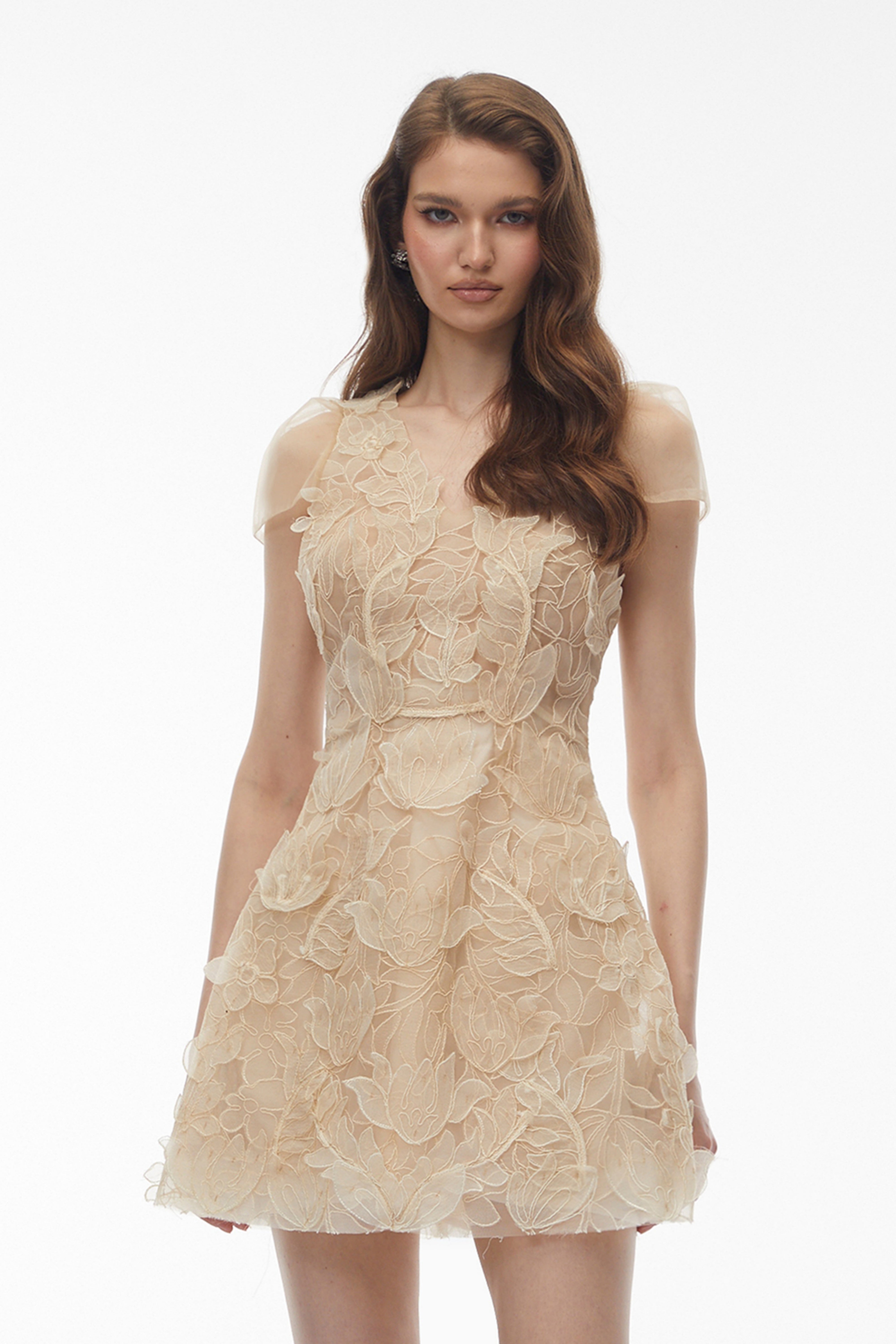 Kore Champagnerfarbenes Minikleid aus Tüll mit 3D-Blumenstickerei