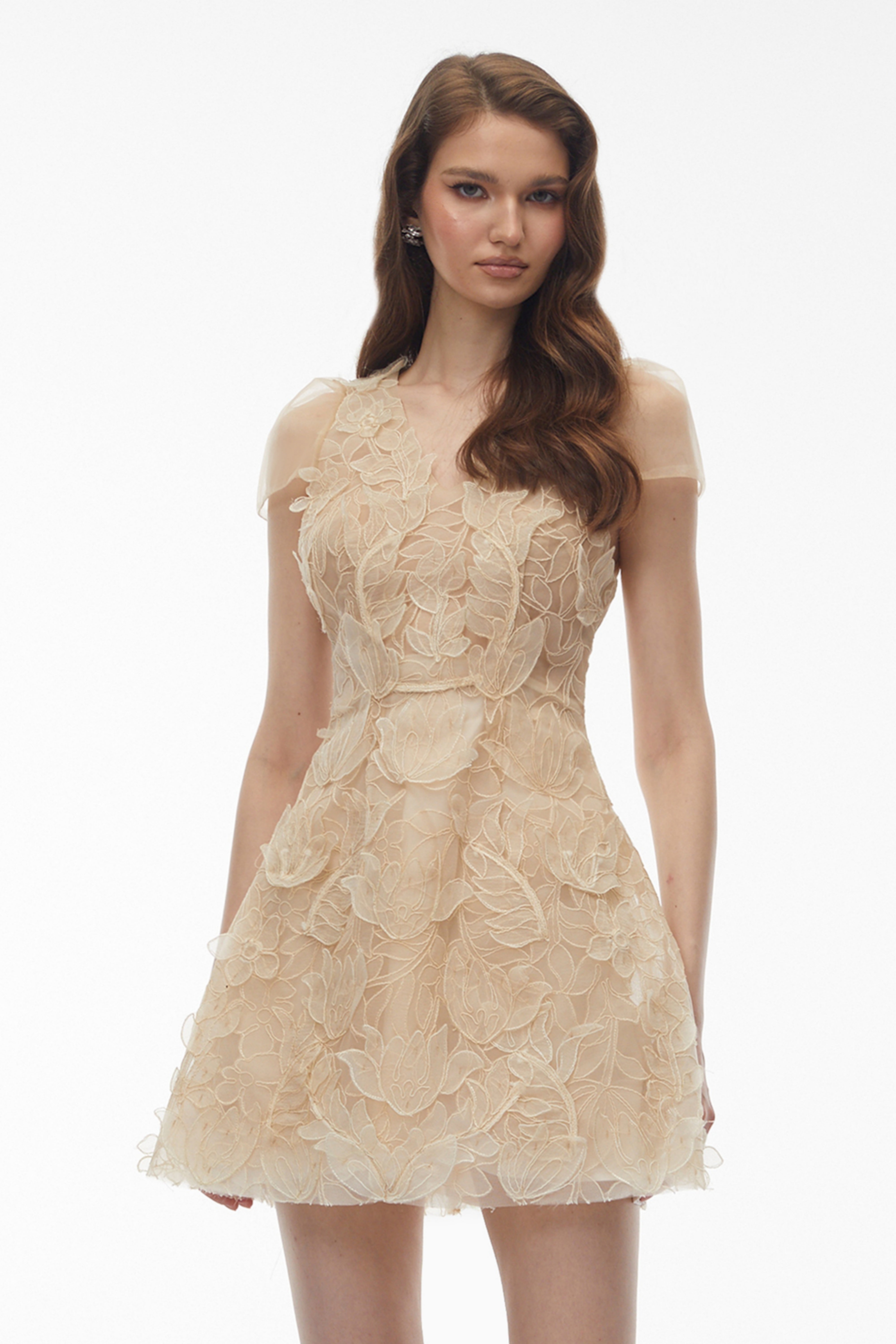 Kore Champagnerfarbenes Minikleid aus Tüll mit 3D-Blumenstickerei