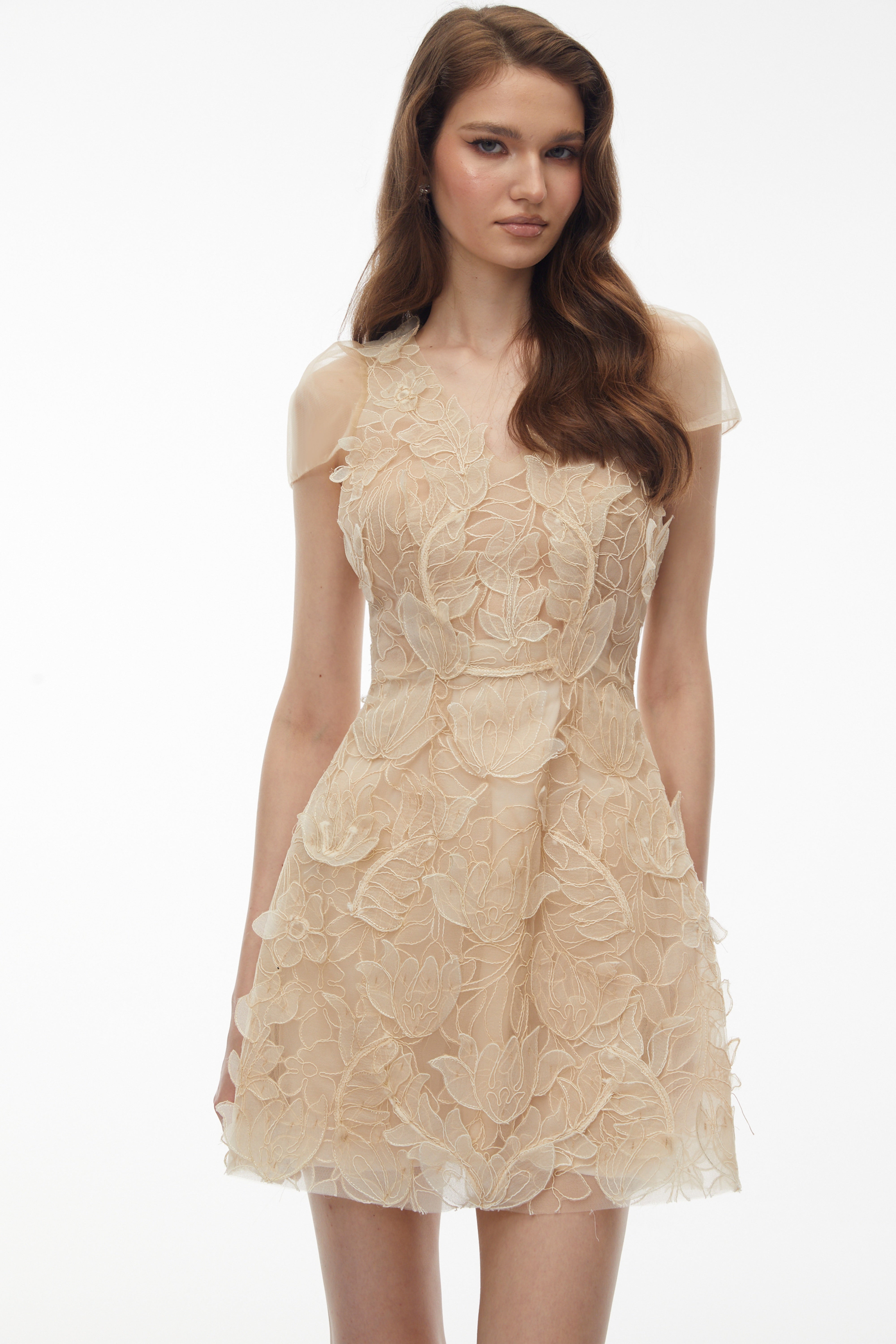 Kore Champagnerfarbenes Minikleid aus Tüll mit 3D-Blumenstickerei