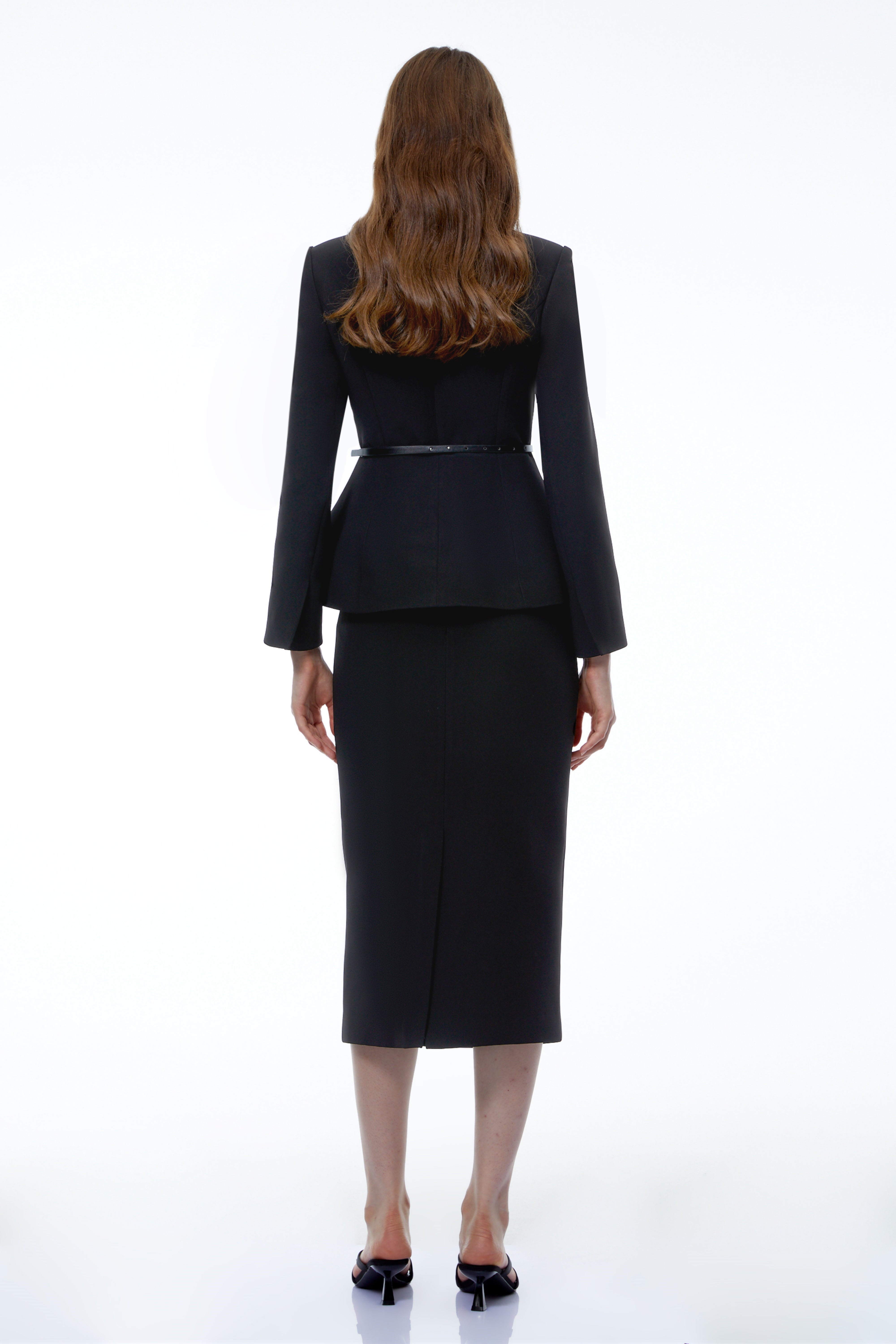 Krasava Black Blazer & Skirt Set with Camellia Buttons