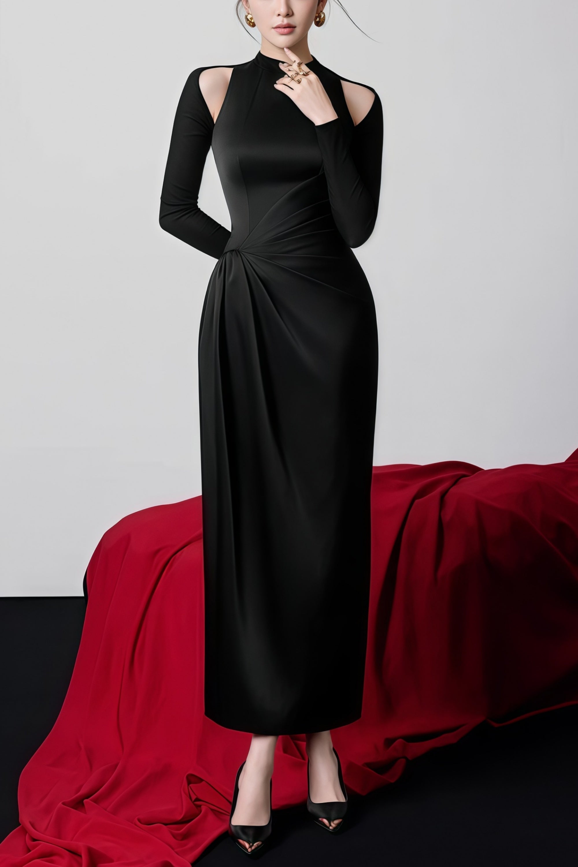 Krista Black Cold Shoulder Ruched Maxi Dress