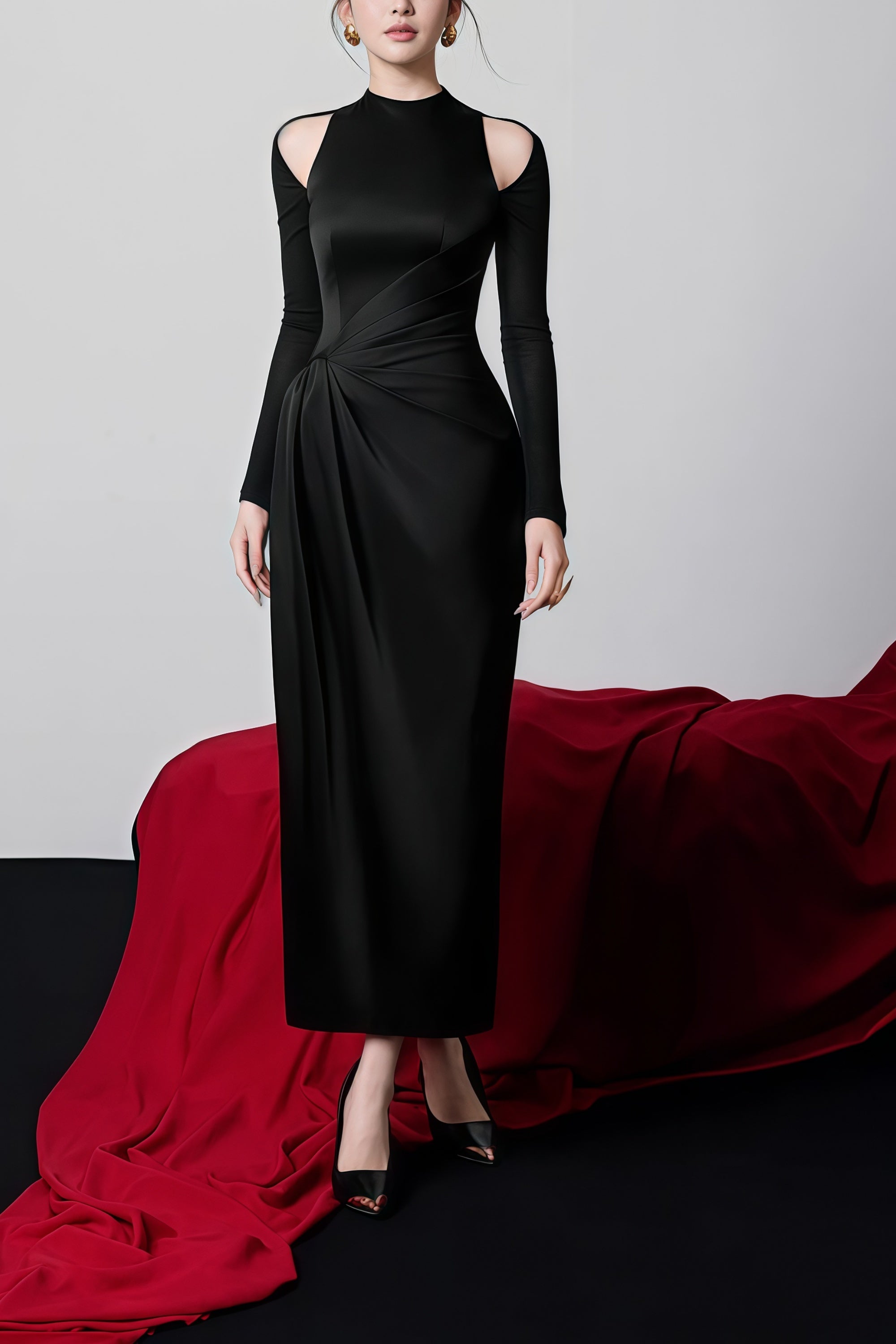 Krista Black Cold Shoulder Ruched Maxi Dress