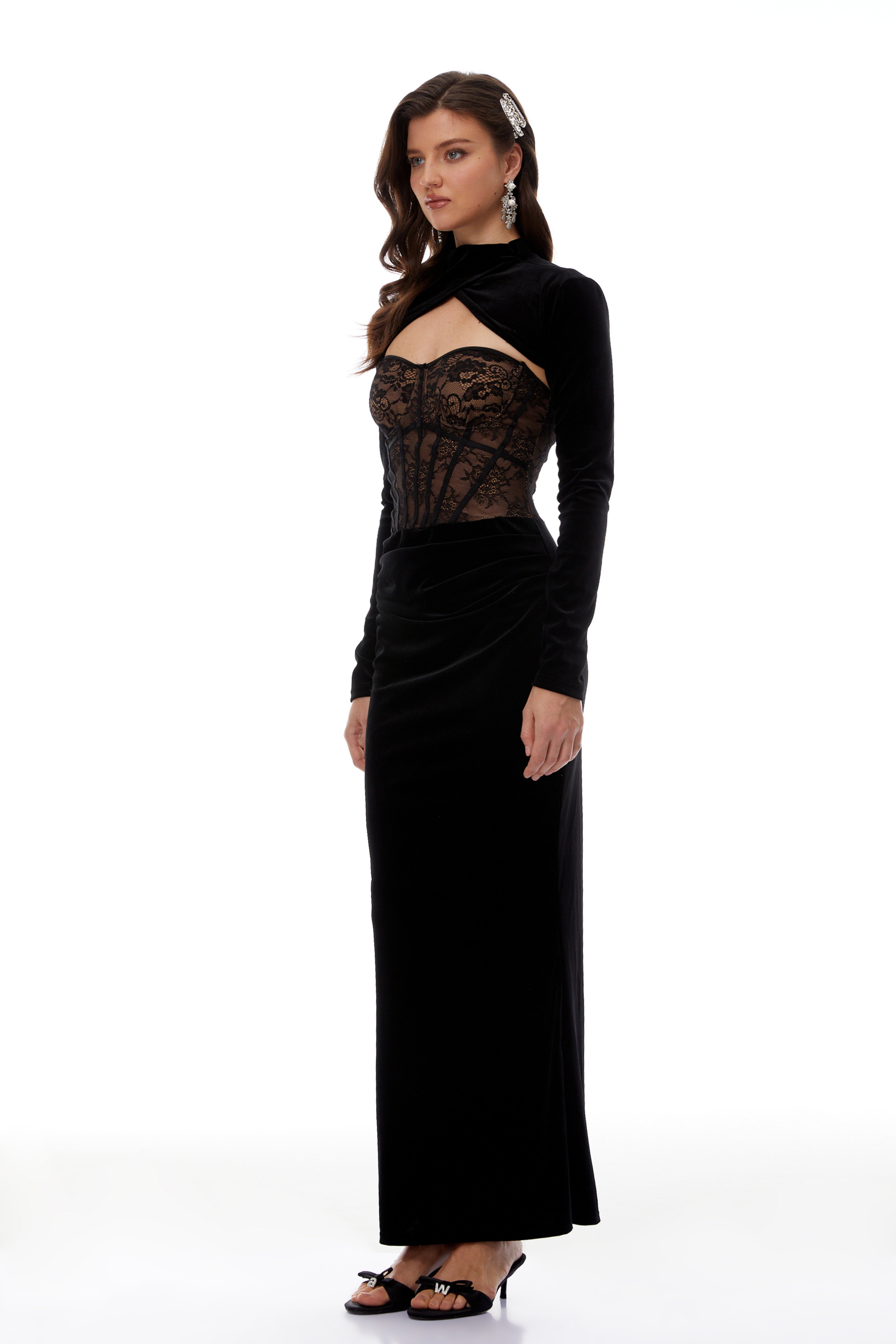Kristine Black Lace Panel Cut-Out Maxi Dress with Shrug