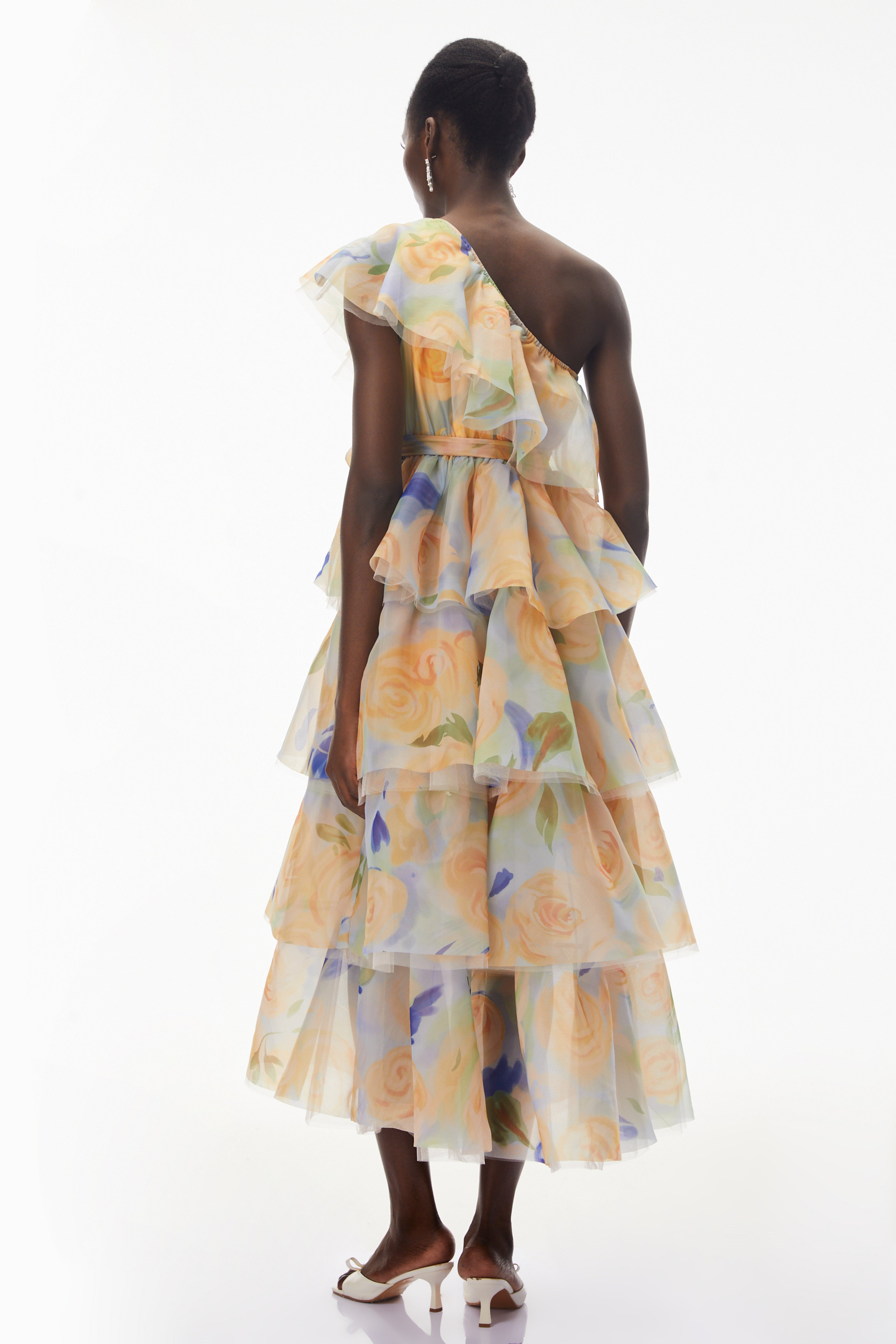 Kulthum Yellow One Shoulder Floral Print Maxi Dress