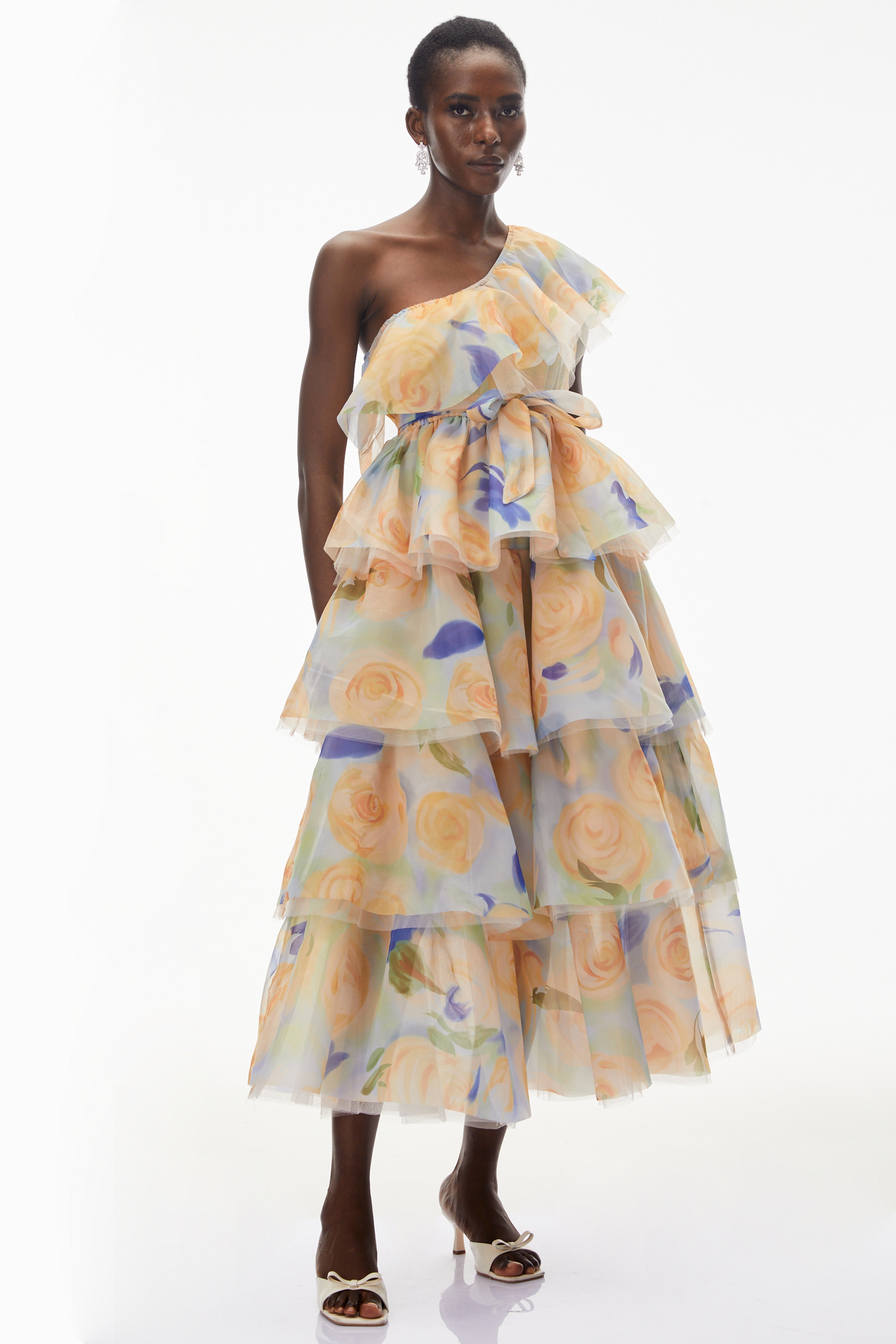 Kulthum Yellow One Shoulder Floral Print Maxi Dress