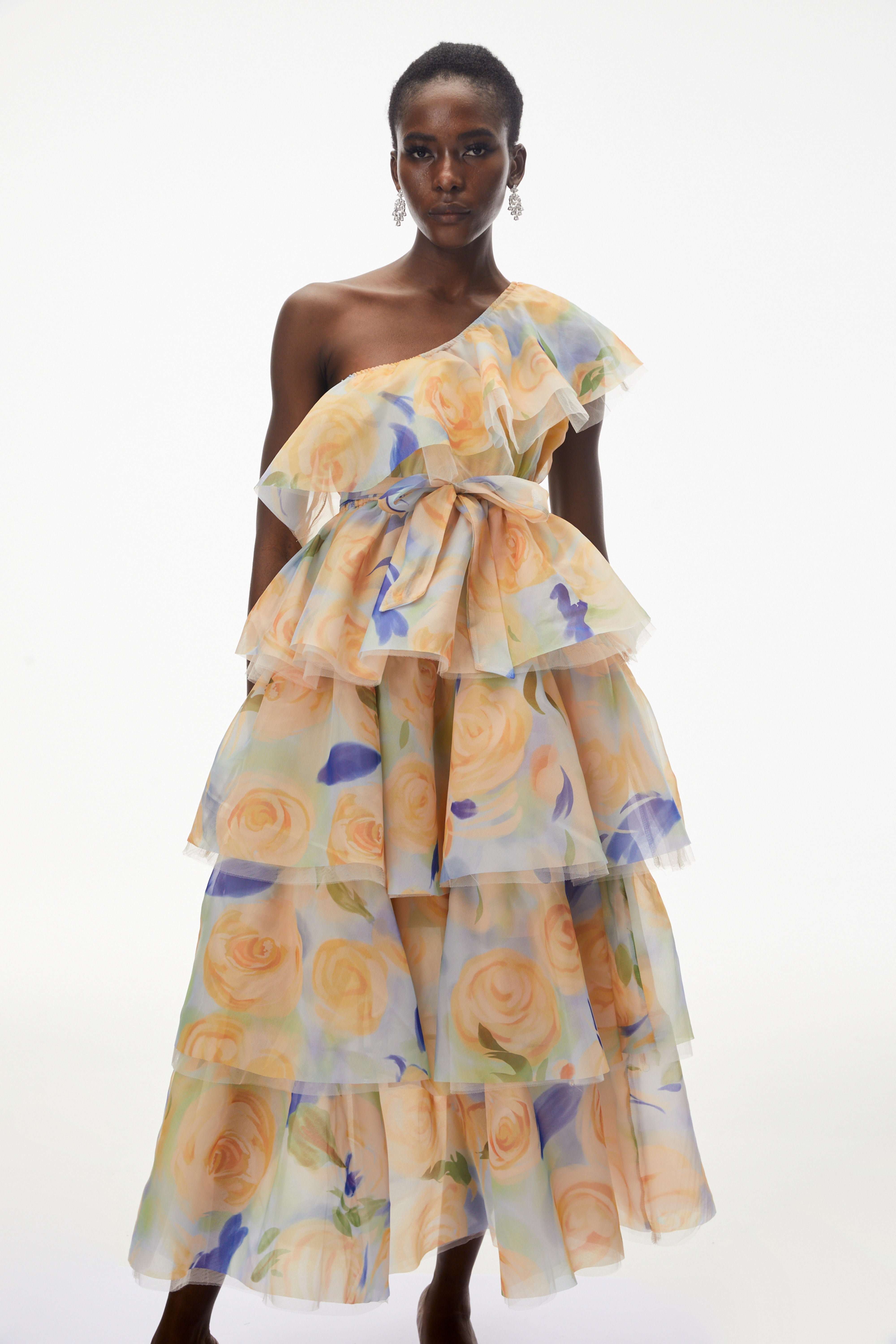 Kulthum Yellow One Shoulder Floral Print Maxi Dress