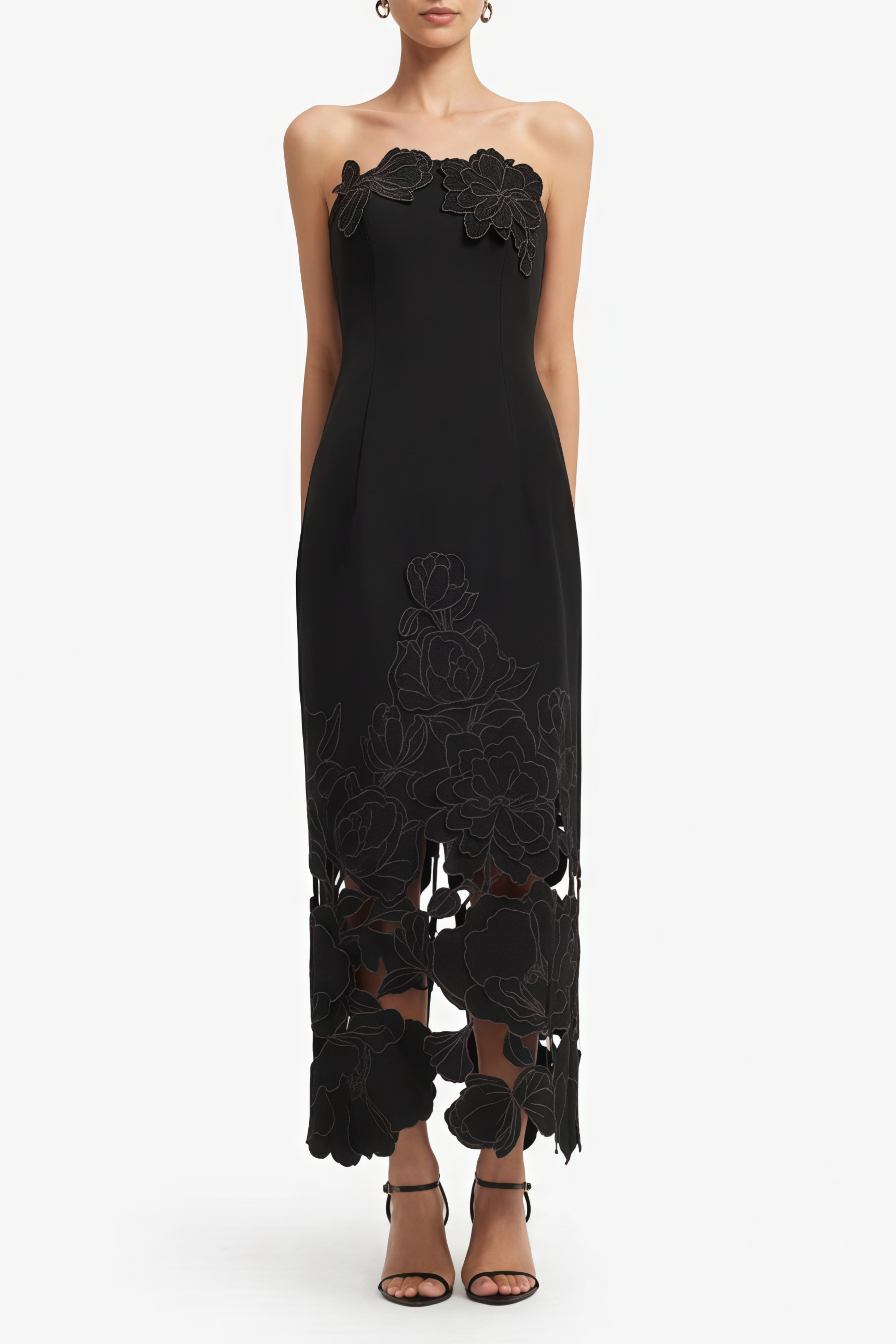 Inga Schwarzes trägerloses Maxikleid mit Blumenstickerei