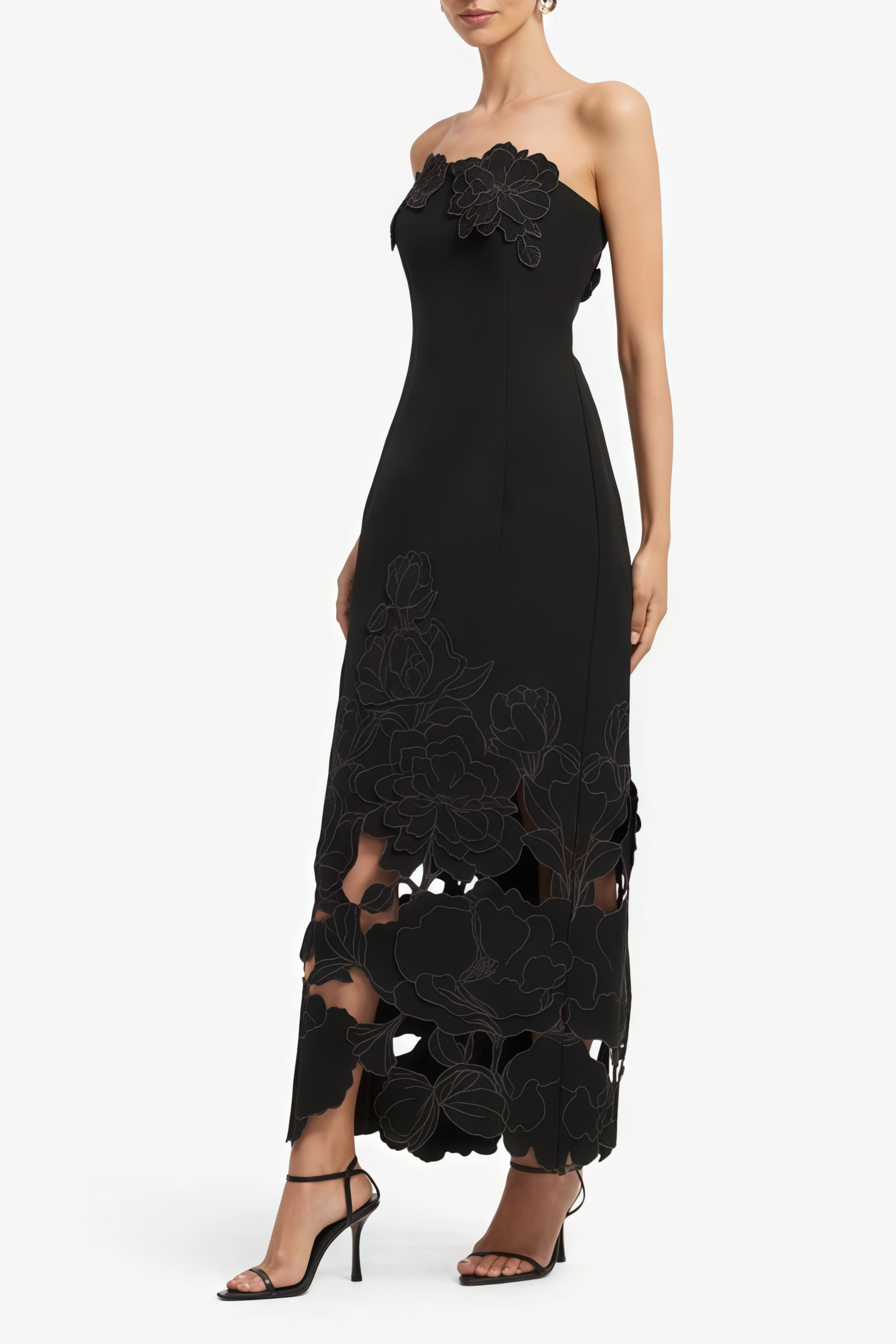 Inga Schwarzes trägerloses Maxikleid mit Blumenstickerei