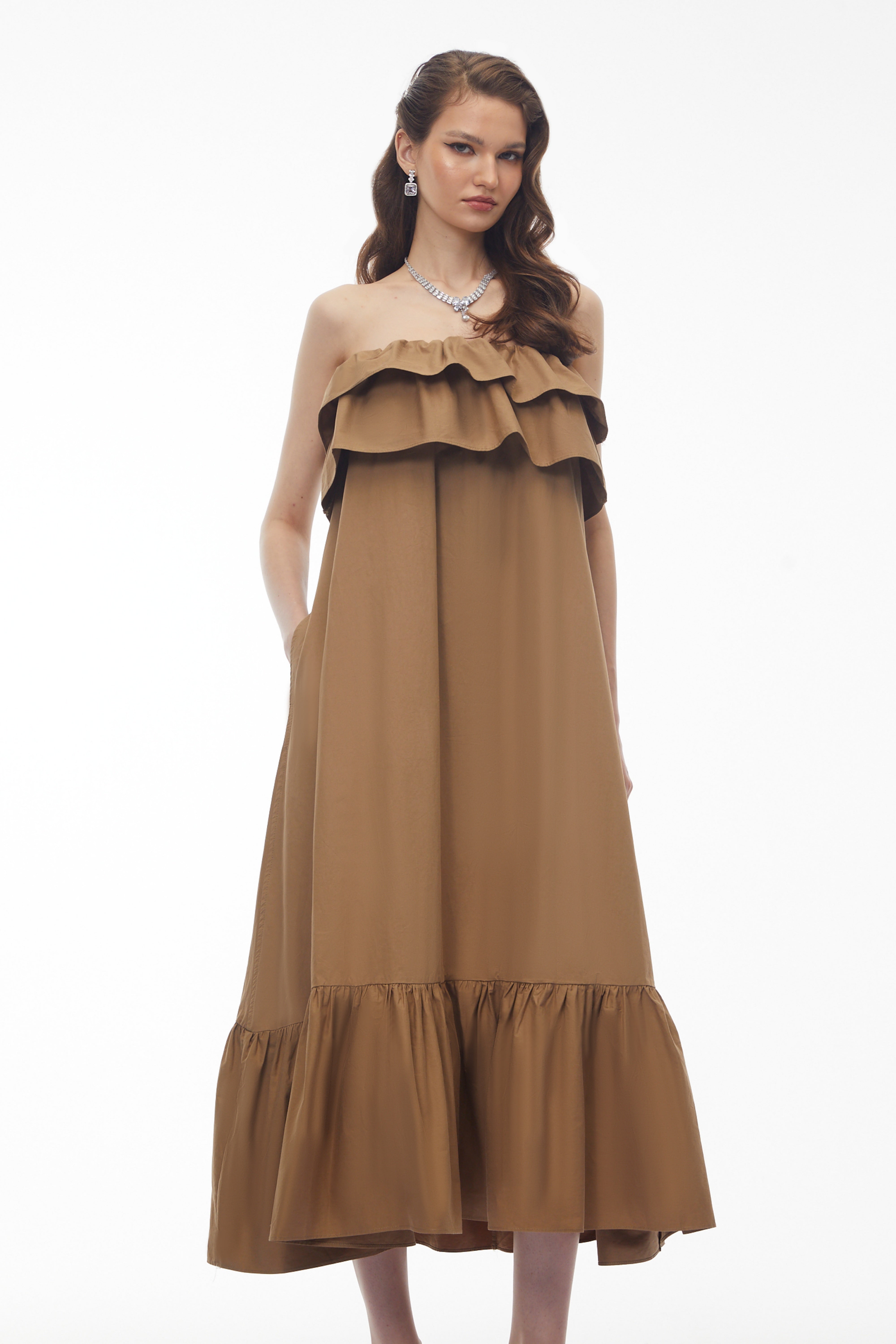Robe midi à volants superposés Laelia Camel