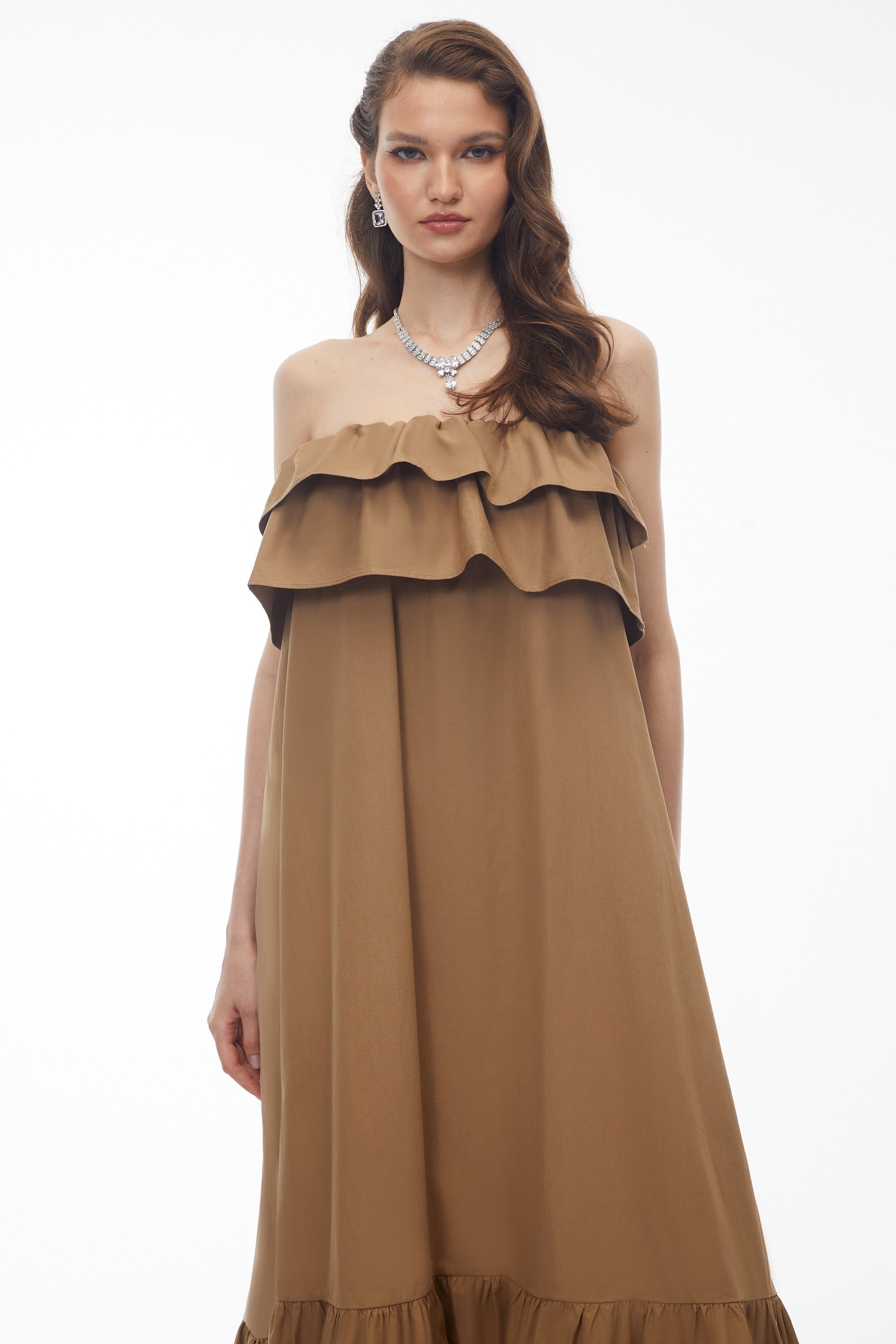 Robe midi à volants superposés Laelia Camel