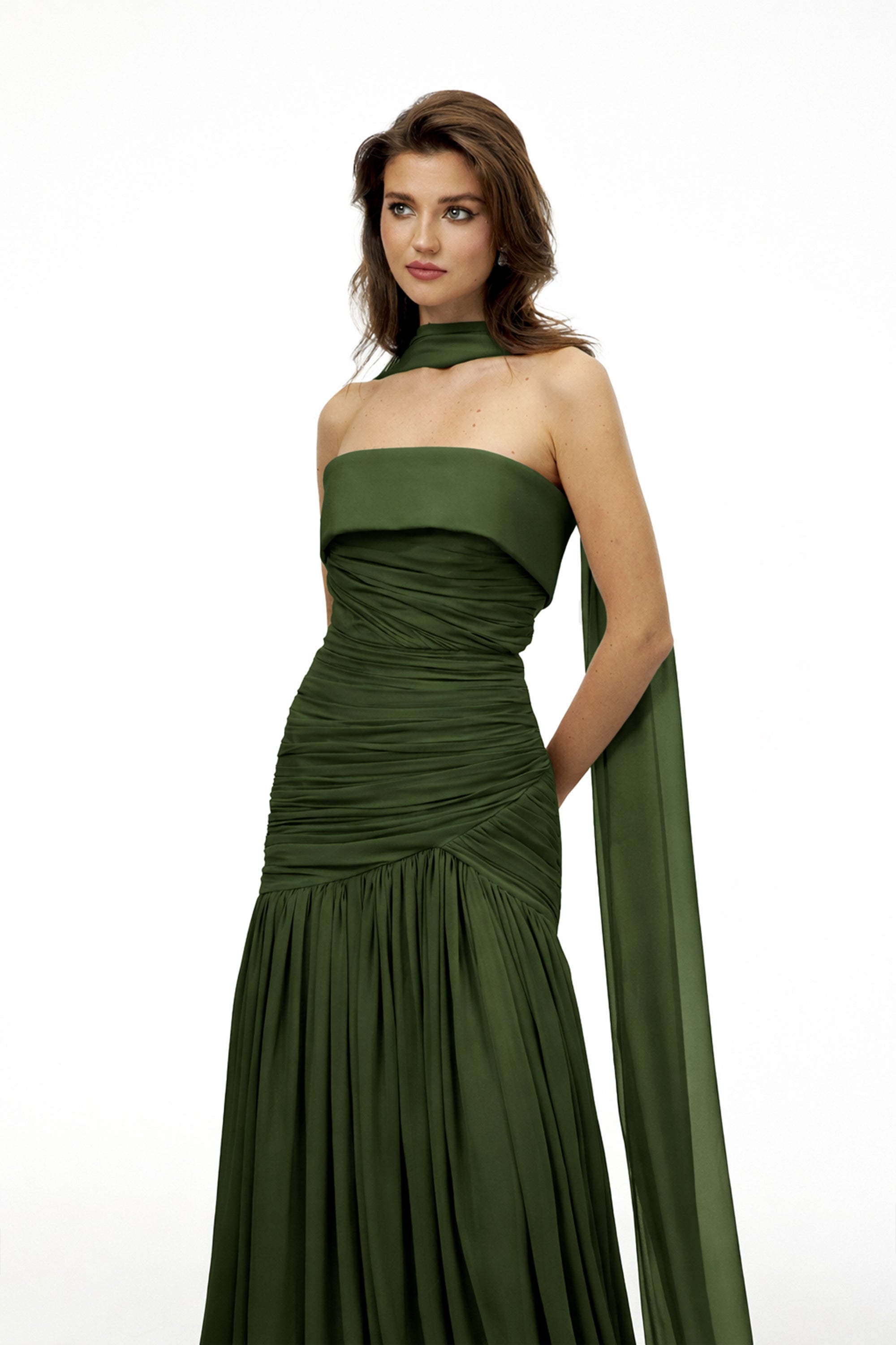 Laetitia Green Pleated Train Ruched Maxi Dress