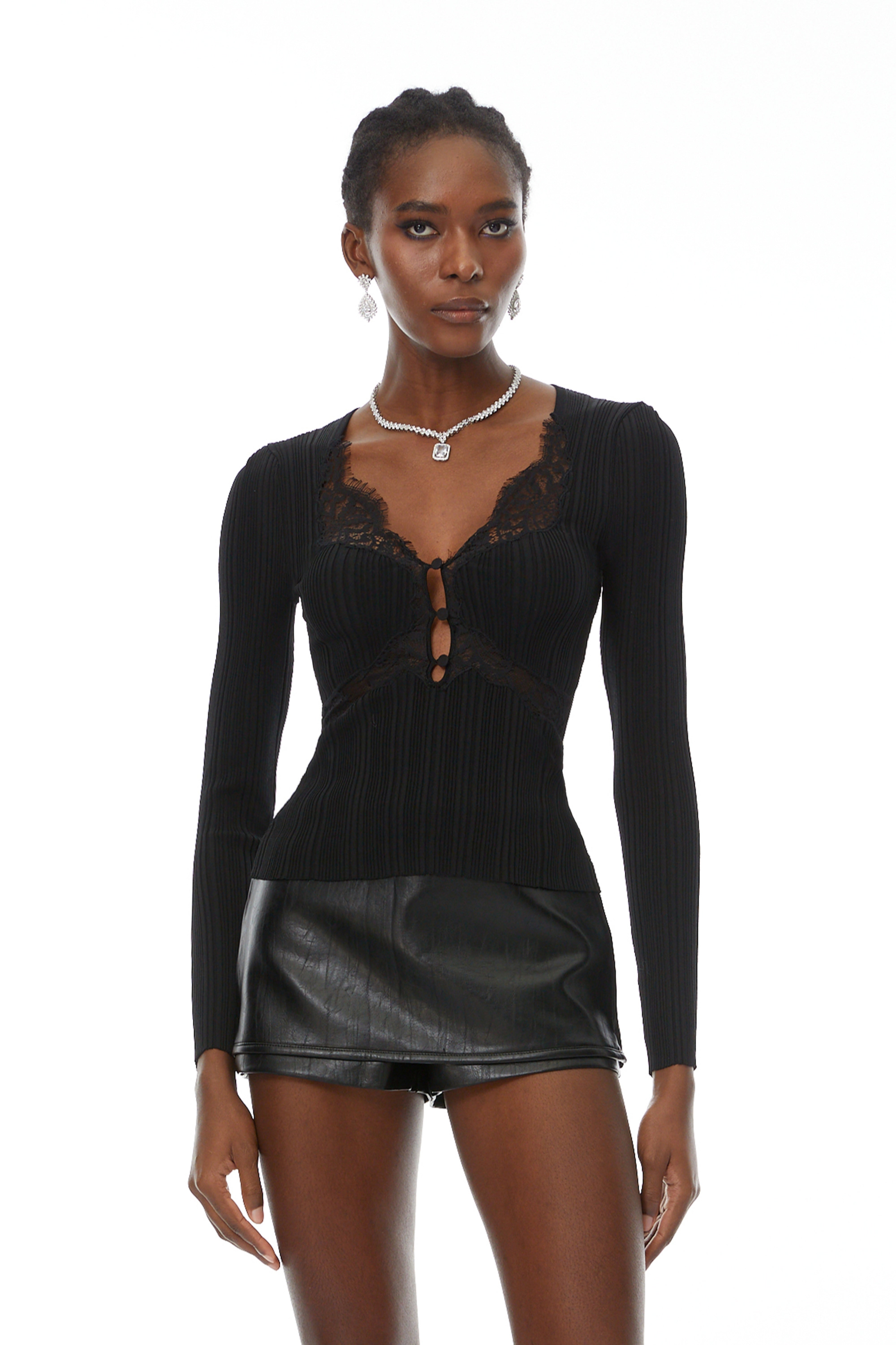 Laia Black Lace Trim Knit Top