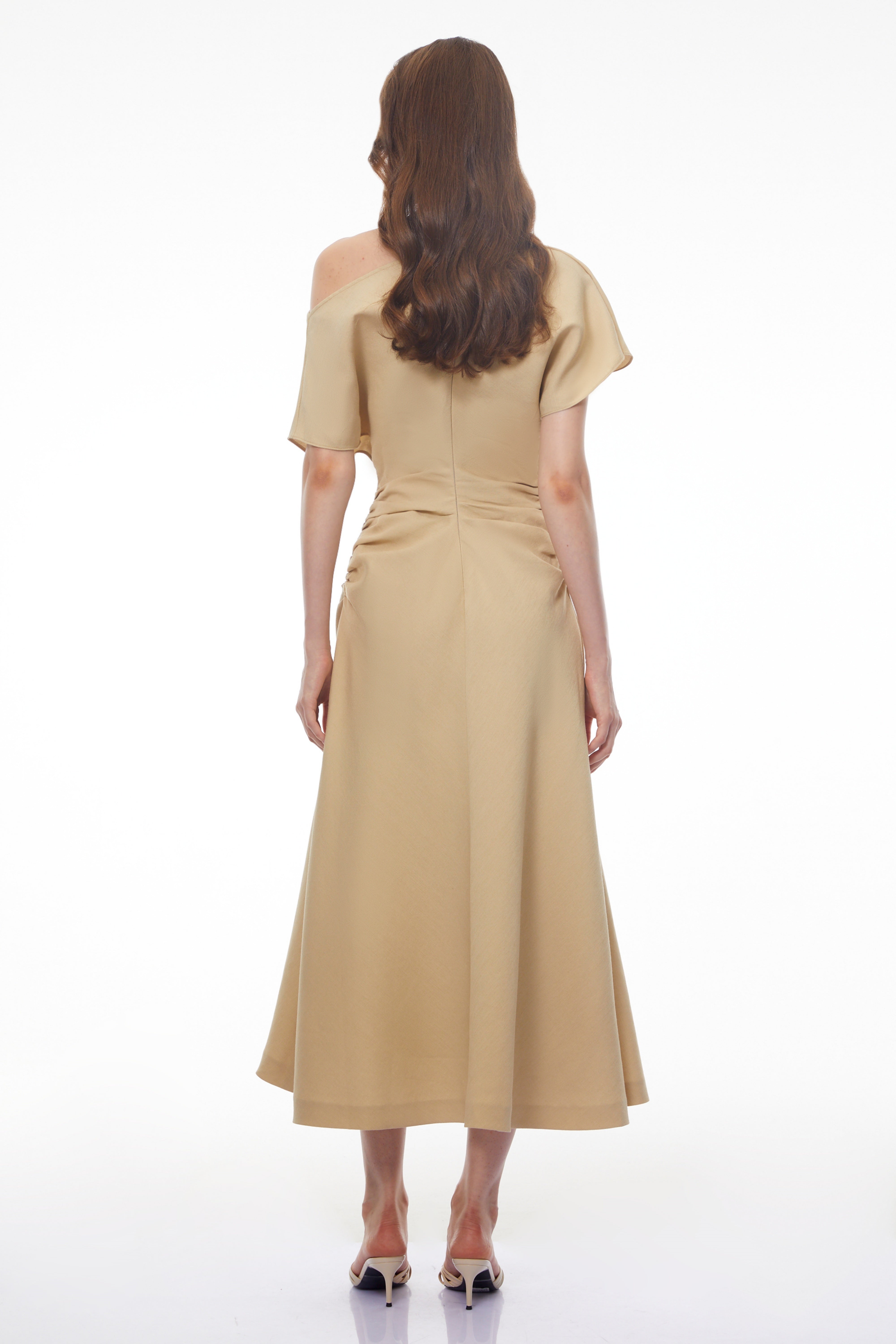 Larissa Khaki Asymmetrical Ruched Maxi Dress