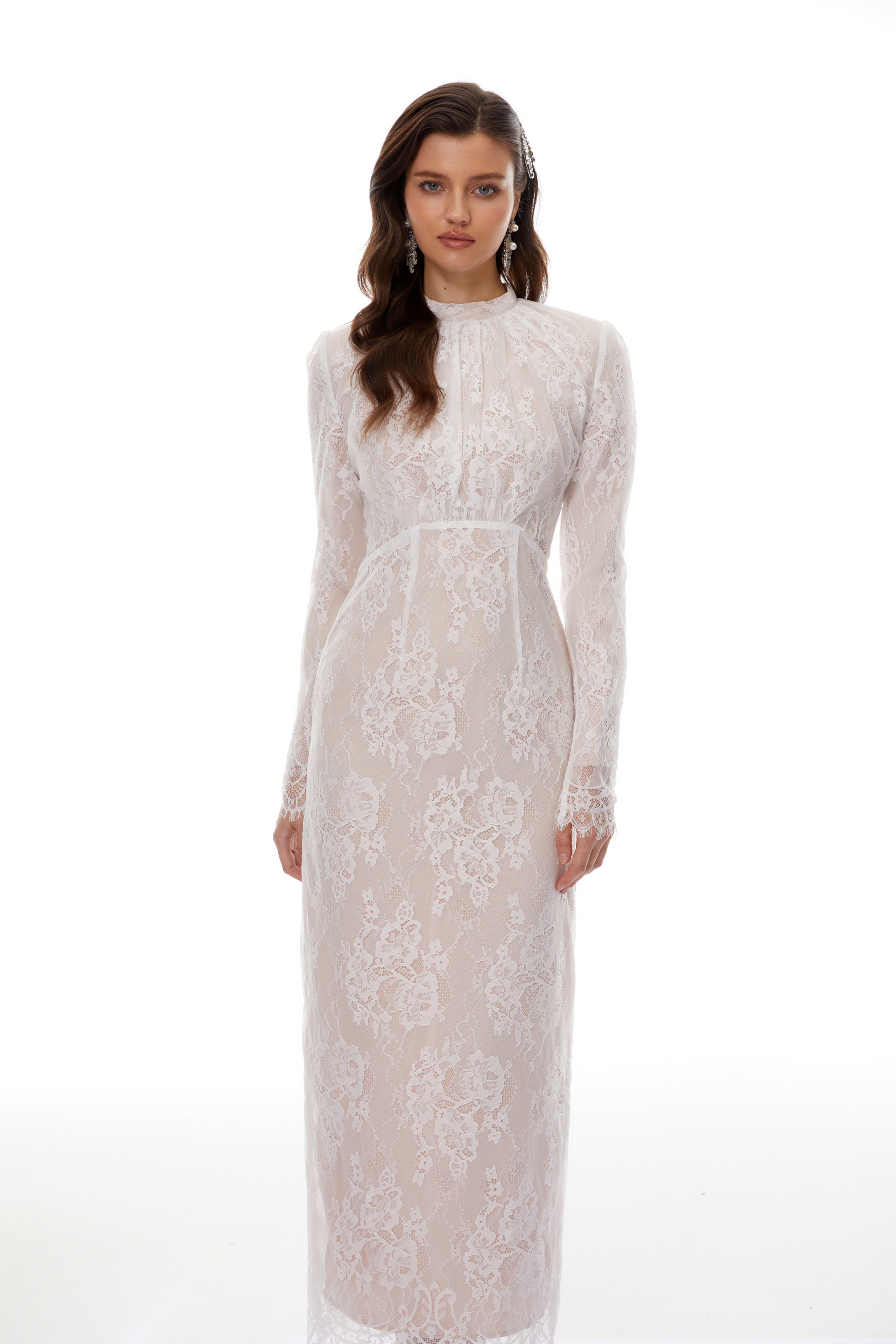 Leif White Mock Neck Lace Overlay Maxi Dress