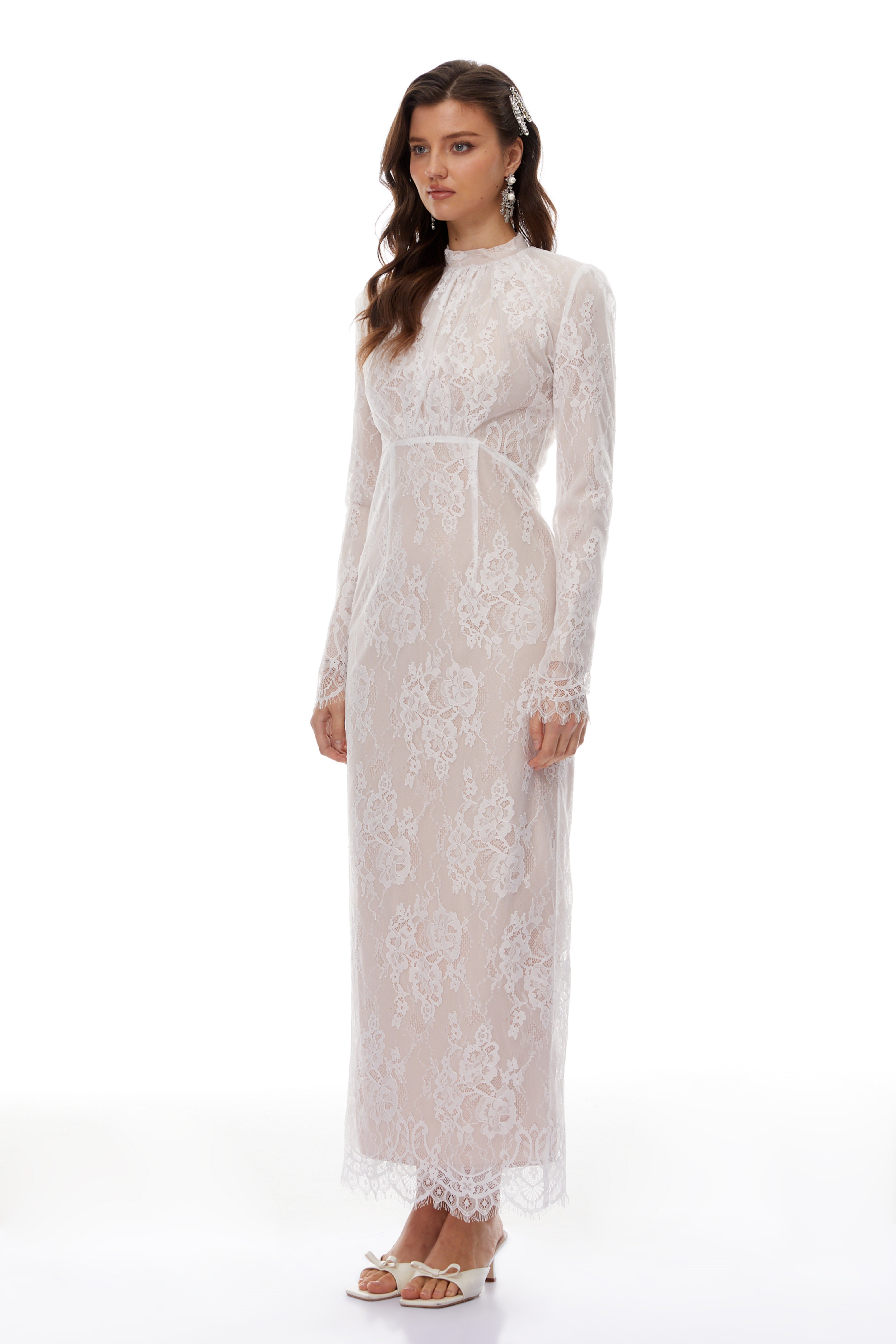 Leif White Mock Neck Lace Overlay Maxi Dress
