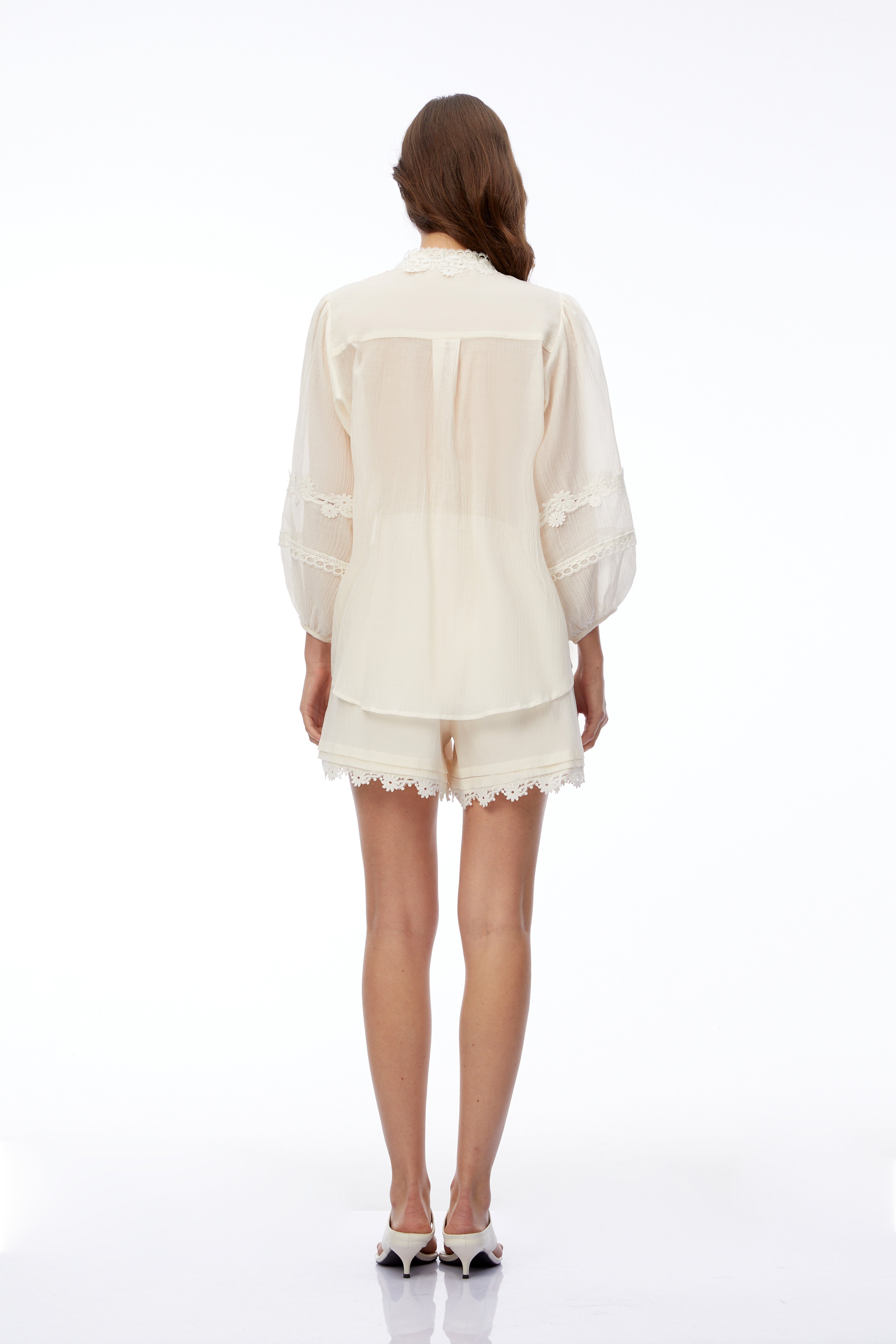 Leonie Ivory V-Neck Blouse & Shorts Set with Floral Applique