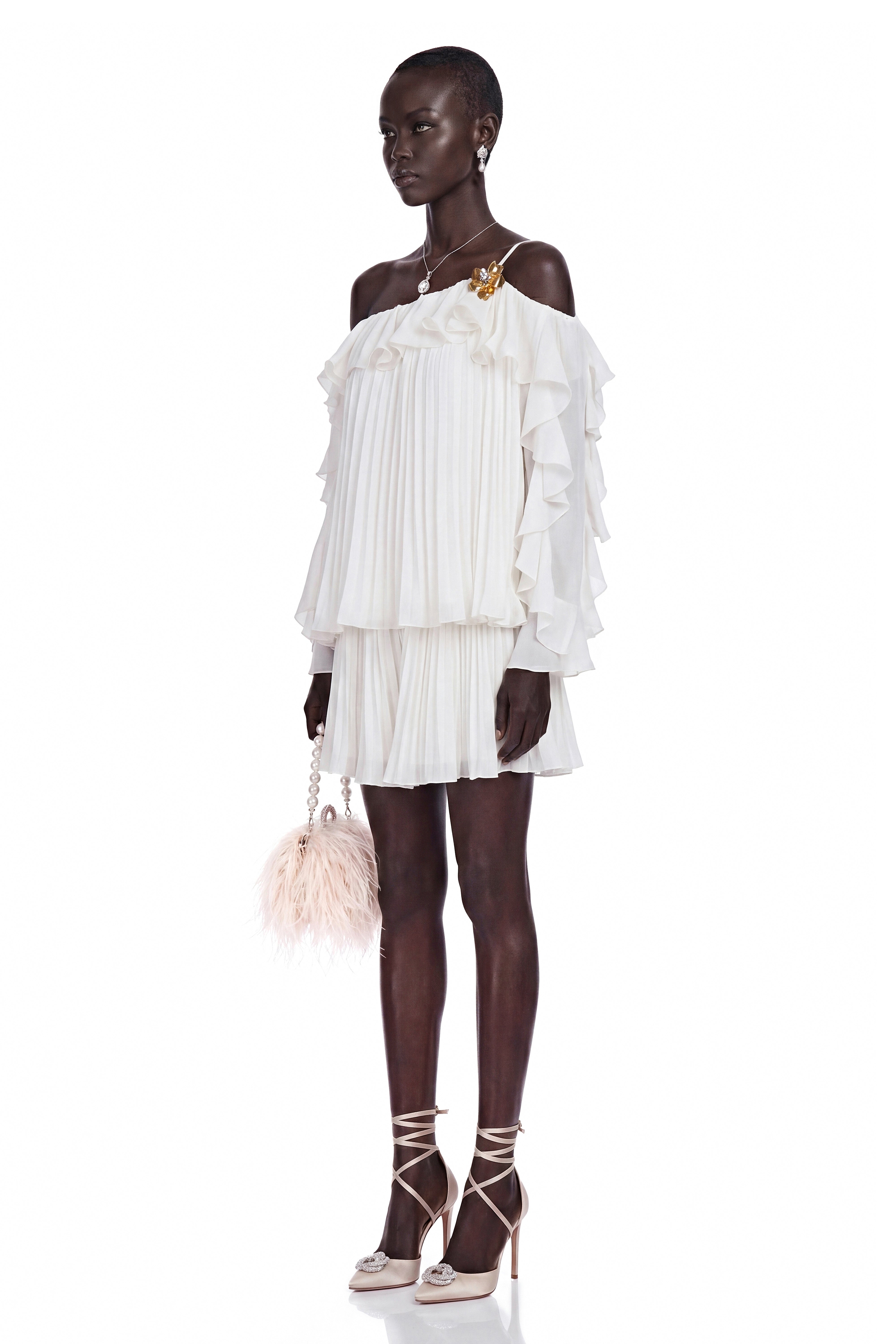 Lesley White Off-Shoulder Ruffled Pleated Top & Skirt Set