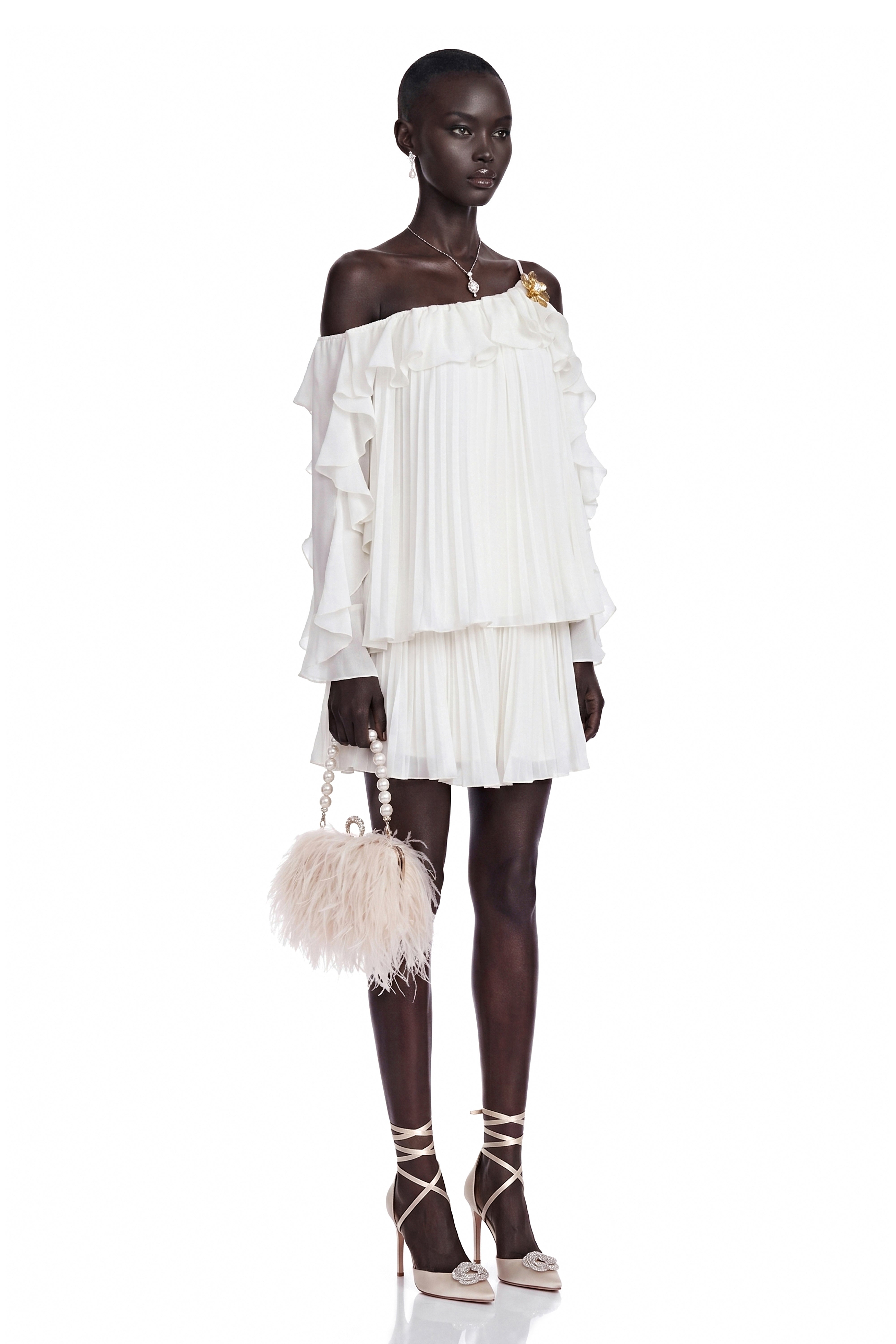 Lesley White Off-Shoulder Ruffled Pleated Top & Skirt Set