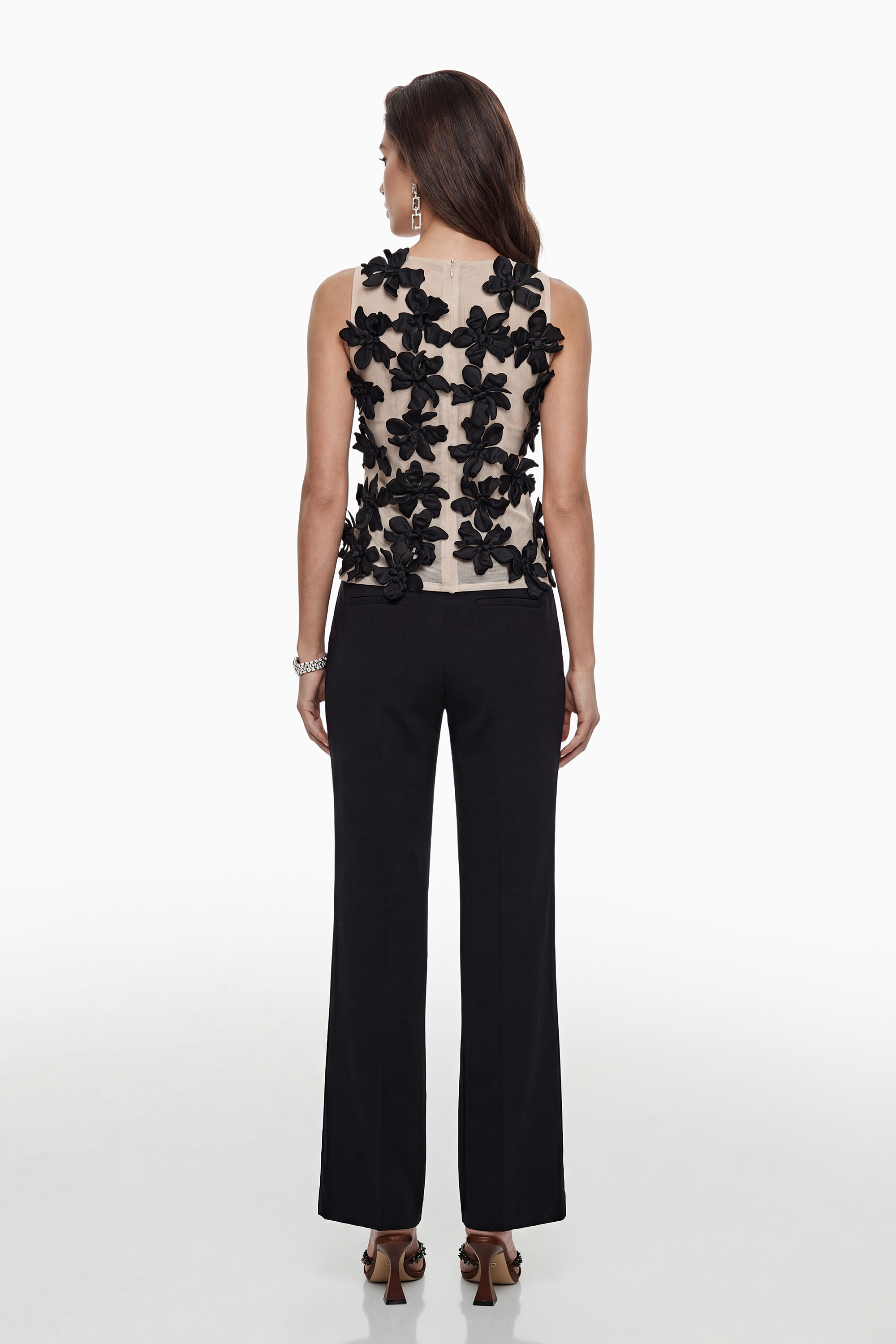 Letizia Black Vest Top with Floral Applique